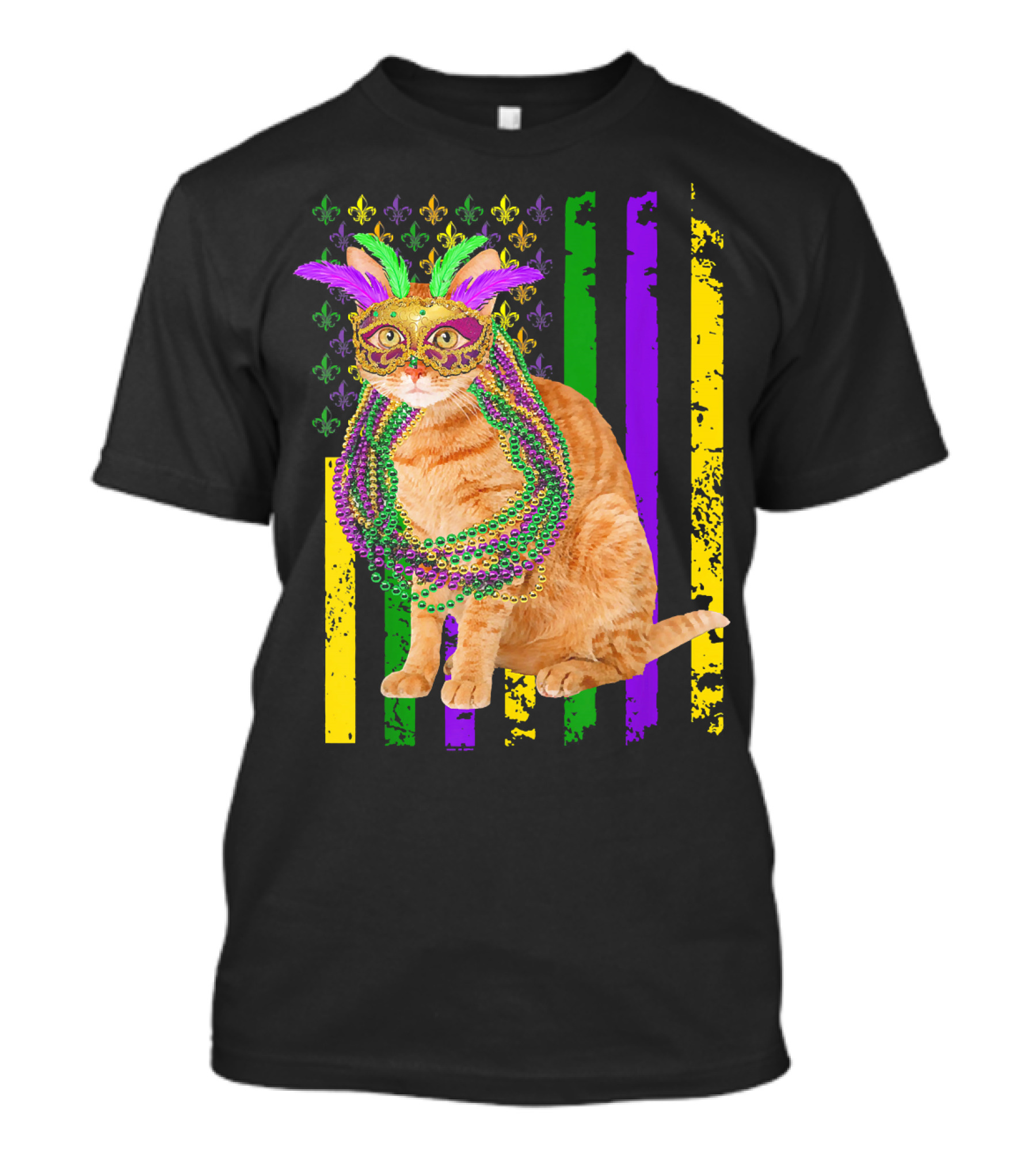 Mardi Gras Cat With Beads And Mask On Fleur-de-Lis American Flag Background T-Shirt