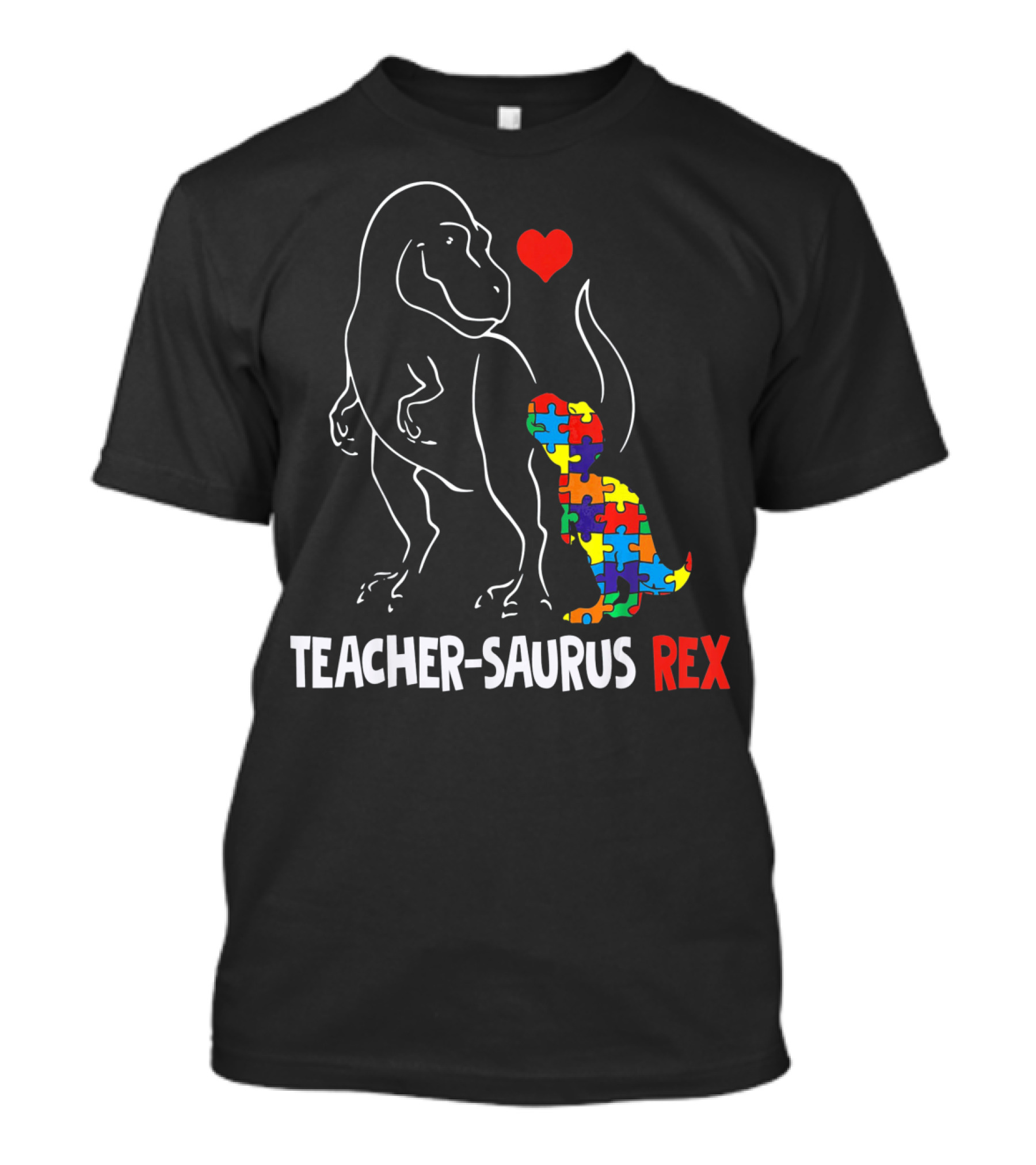 Teacher Saurus Rex Dinosaur With Heart And Colorful Puzzle T-Shirt