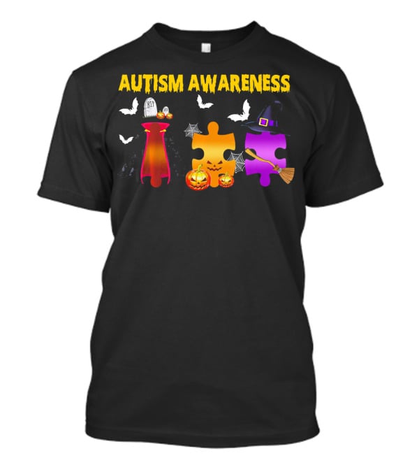 Autism Awareness Halloween Puzzle Pieces With Witch Hat Bats And Pumpkins T-Shirt