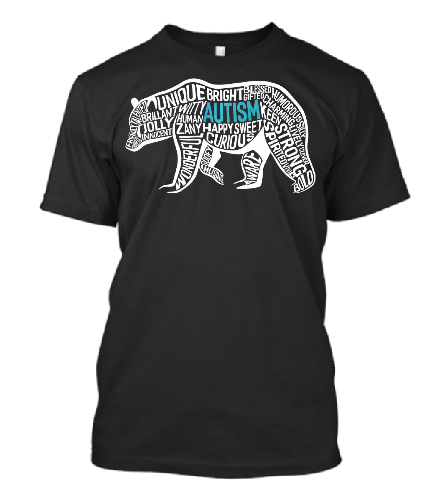 Autism Awareness Bear Word Cloud Unique Strong Curious Happy T-Shirt