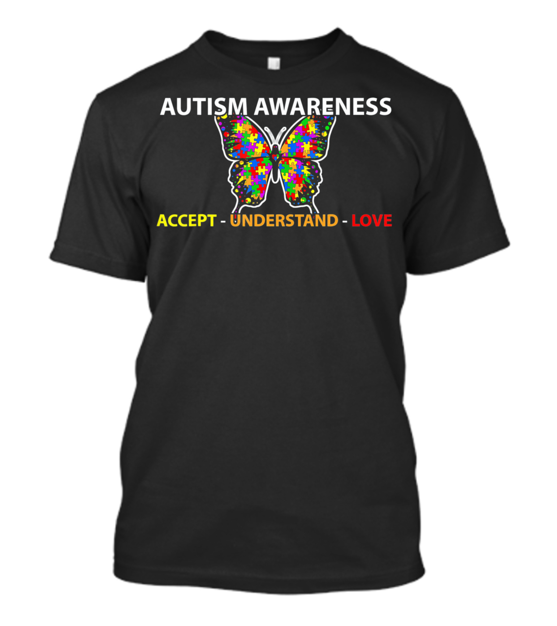 AUTISM AWARENESS Accept Understand Love Colorful Puzzle Piece Butterfly T-Shirt