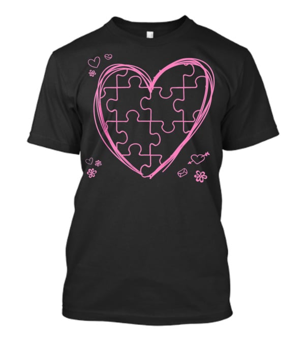Pink Heart With Puzzle Pieces And Flowers T-Shirt