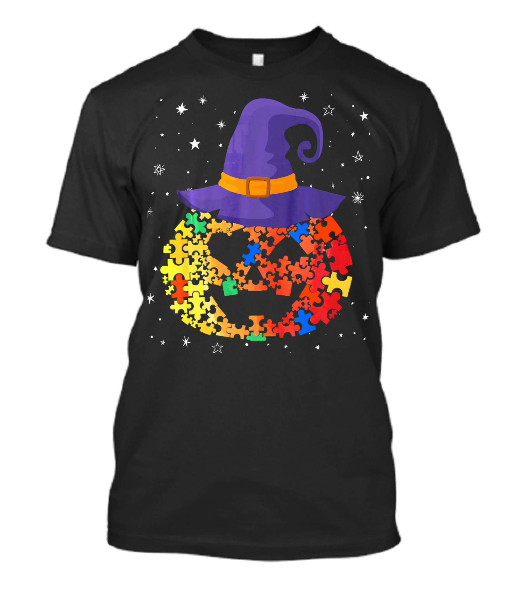 Pumpkin Autism Awareness Halloween Witch Hat Puzzle Piece T-Shirt