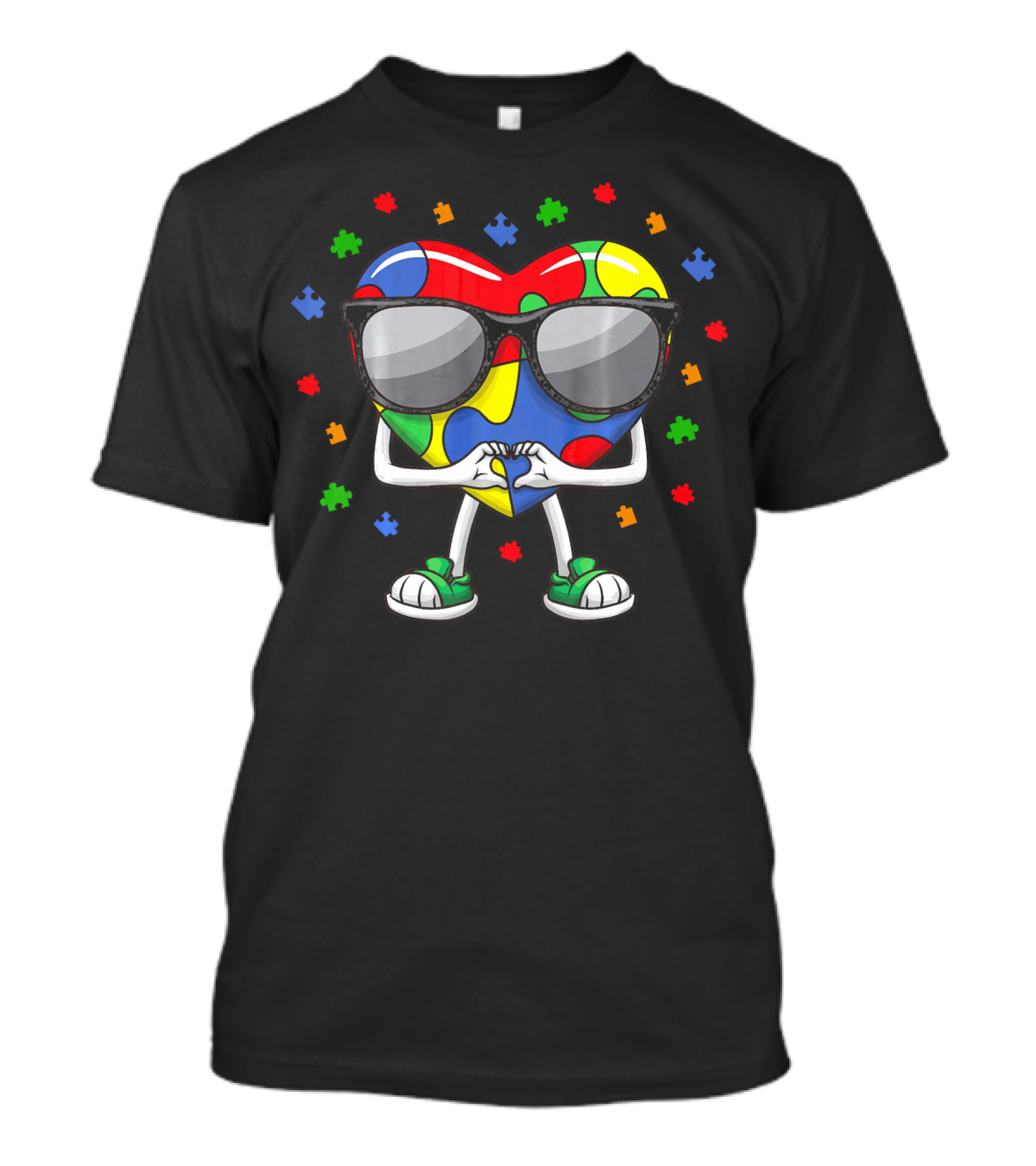 Autism Awareness Month Colorful Puzzle Heart With Sunglasses And Love Gesture T-Shirt
