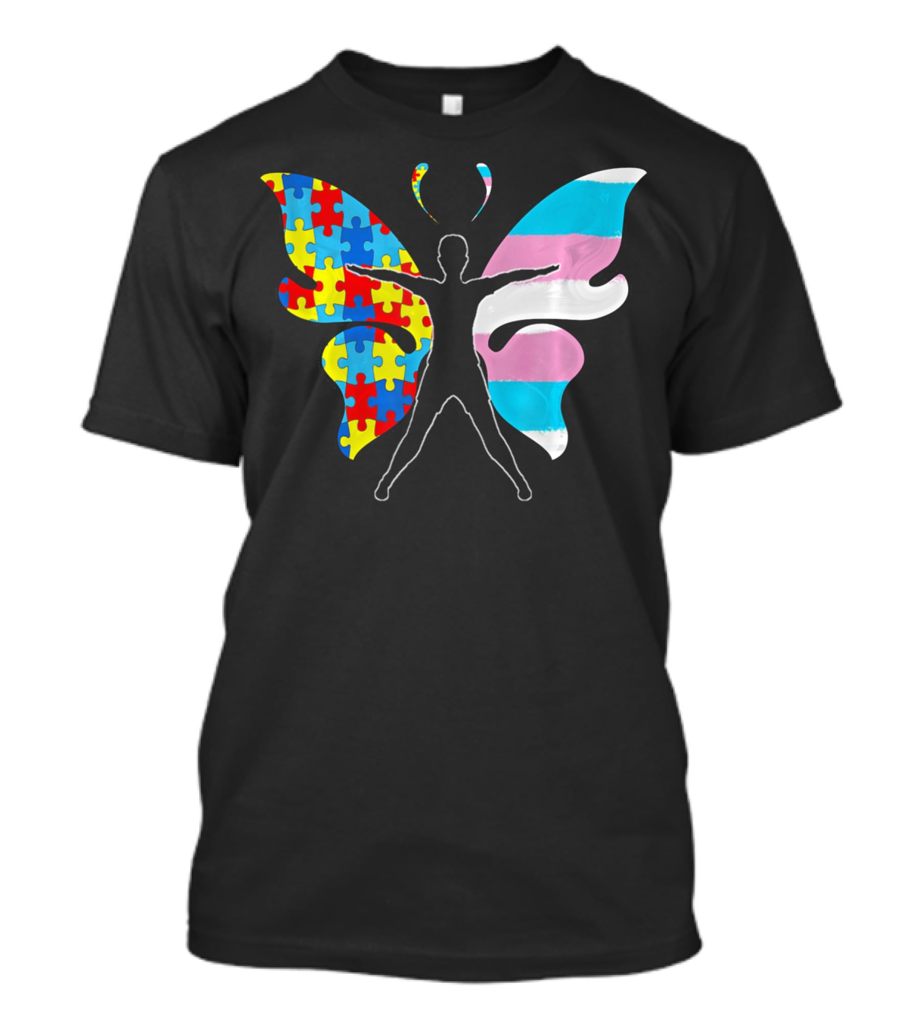 Autism Awareness Puzzle Butterfly With Transgender Flag Wings T-Shirt