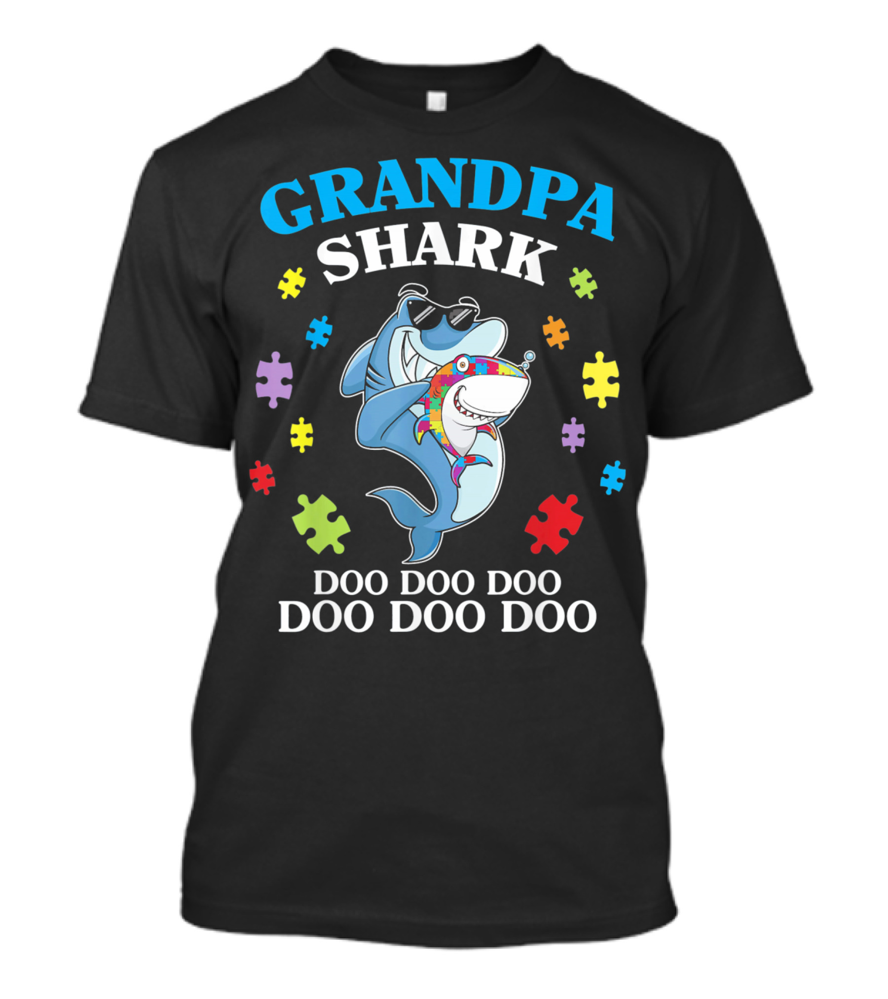 Grandpa Shark Doo Doo Doo Doo Funny Autism Puzzle Pieces T-Shirt