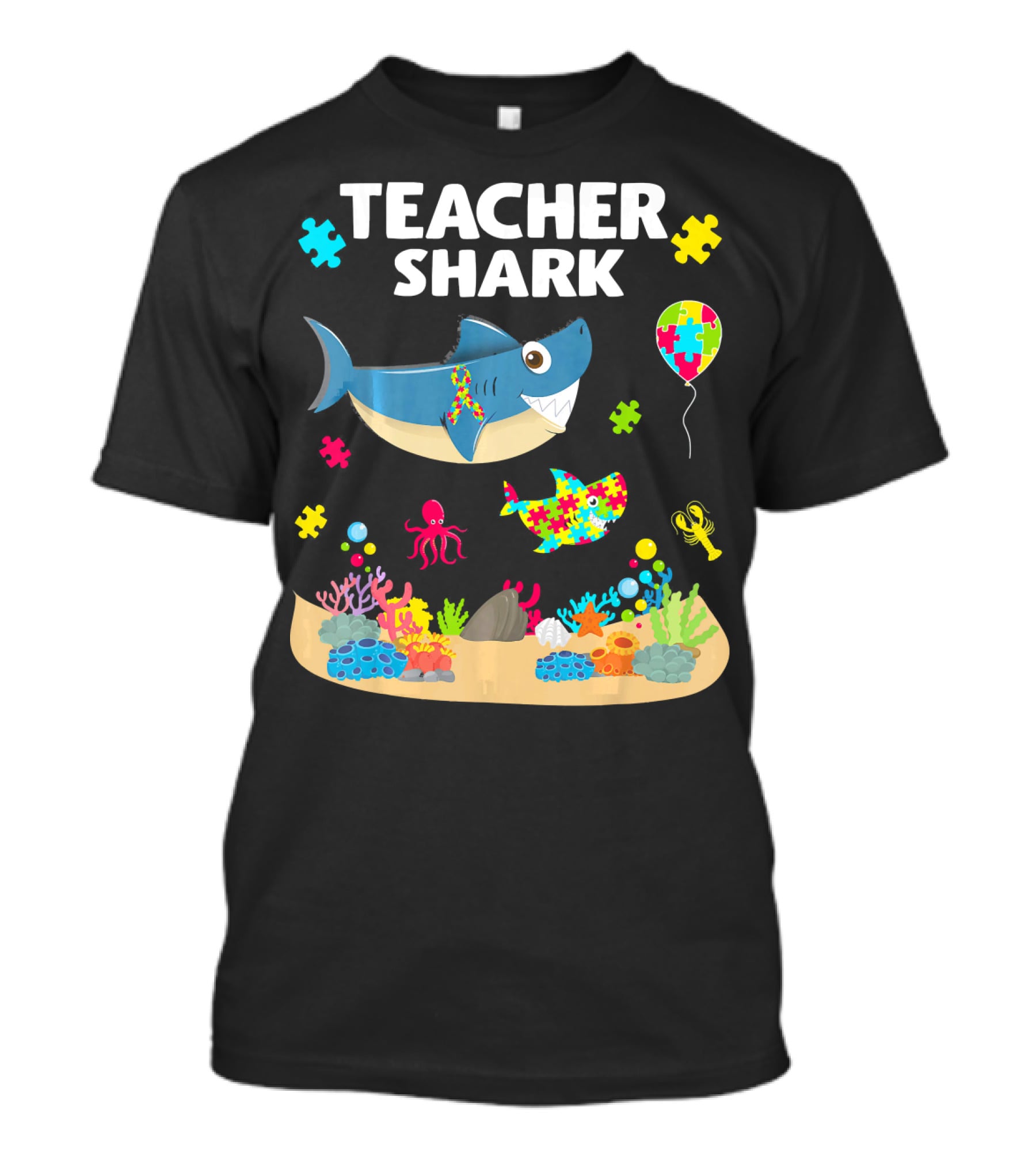 Teacher Shark Autism Awareness Ocean Puzzle Balloon Coral T-Shirt