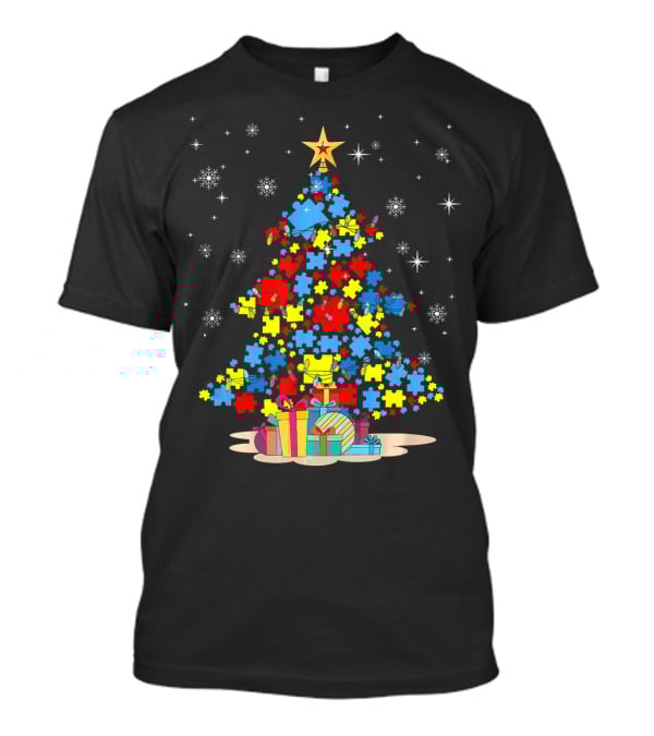 Puzzle Pieces Christmas Tree Autism Awareness Holiday T-Shirt