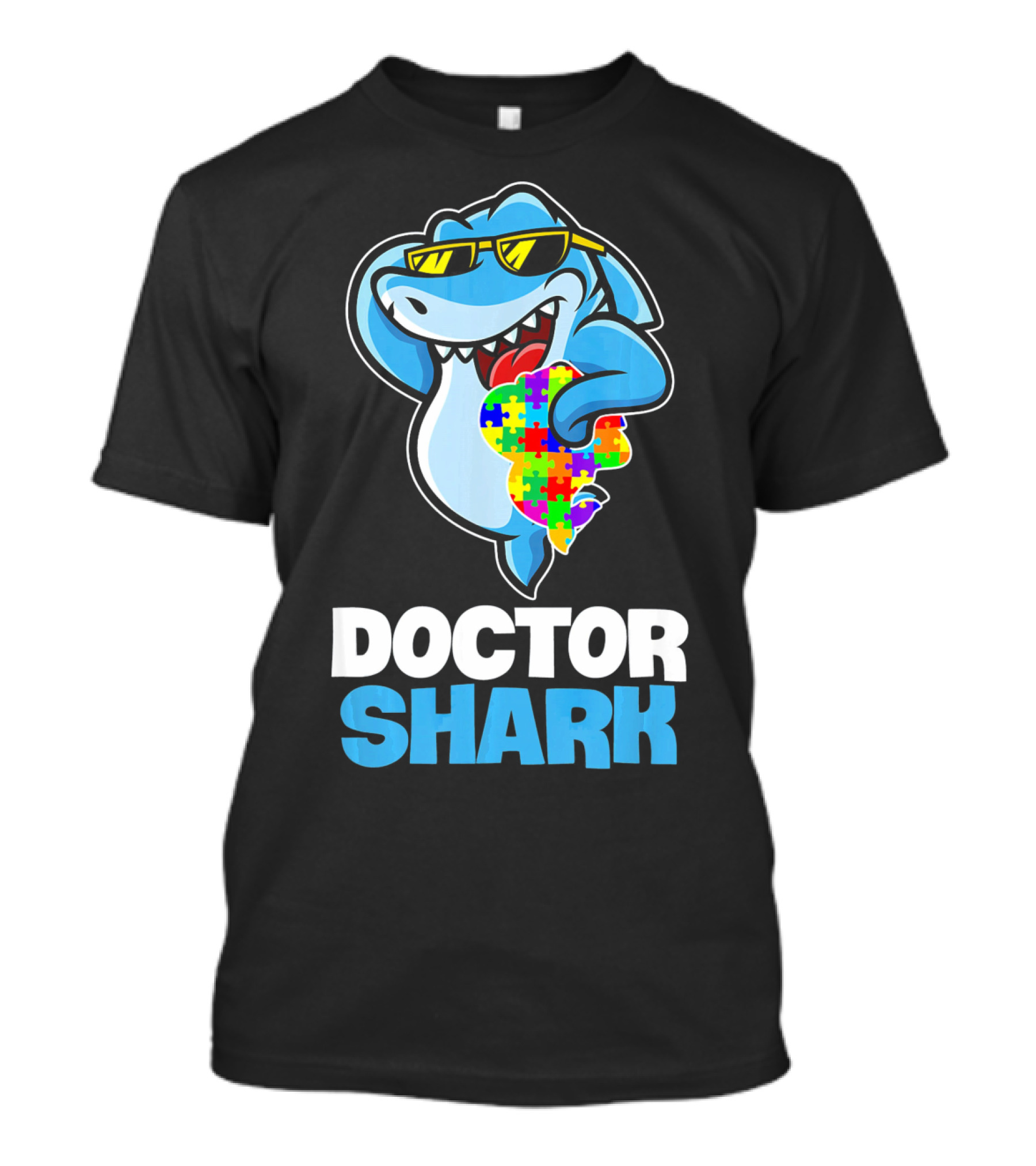 Doctor Shark Sunglasses Holding Autism Puzzle Heart T-Shirt