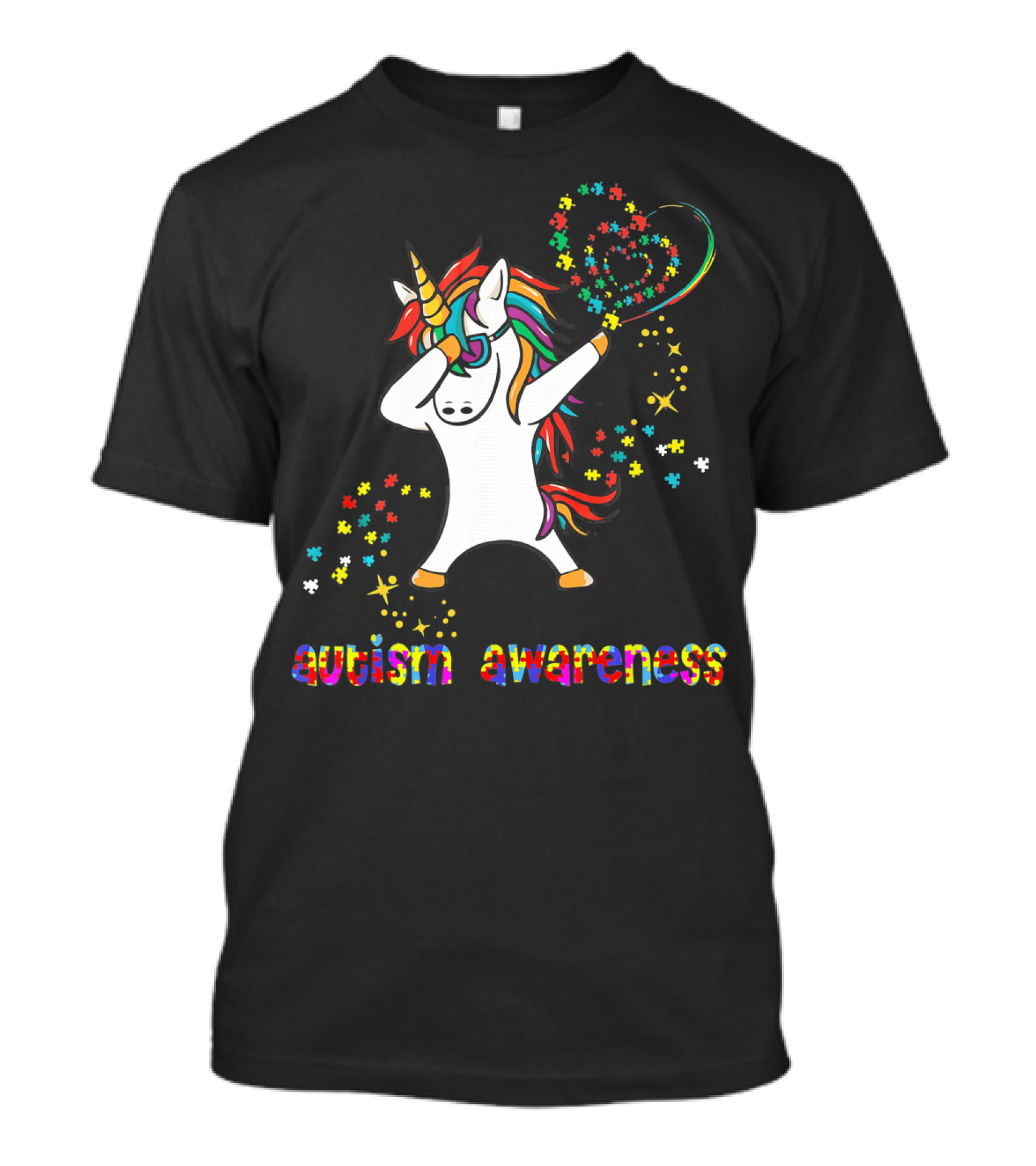 Autism Awareness Dabbing Unicorn Rainbow Puzzle Heart T-Shirt