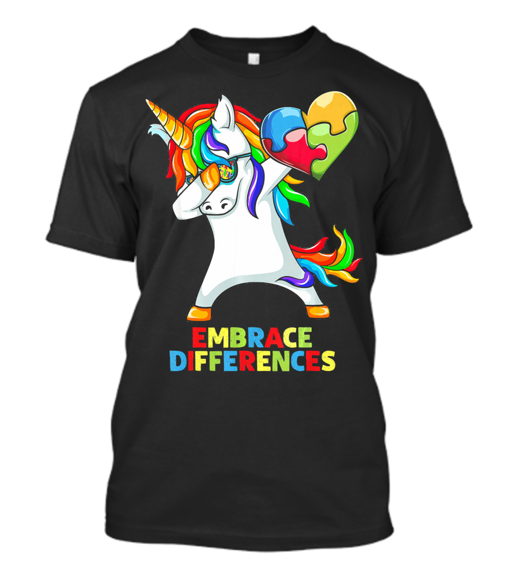 Dabbing Unicorn Embrace Differences Autism Puzzle Heart T-Shirt