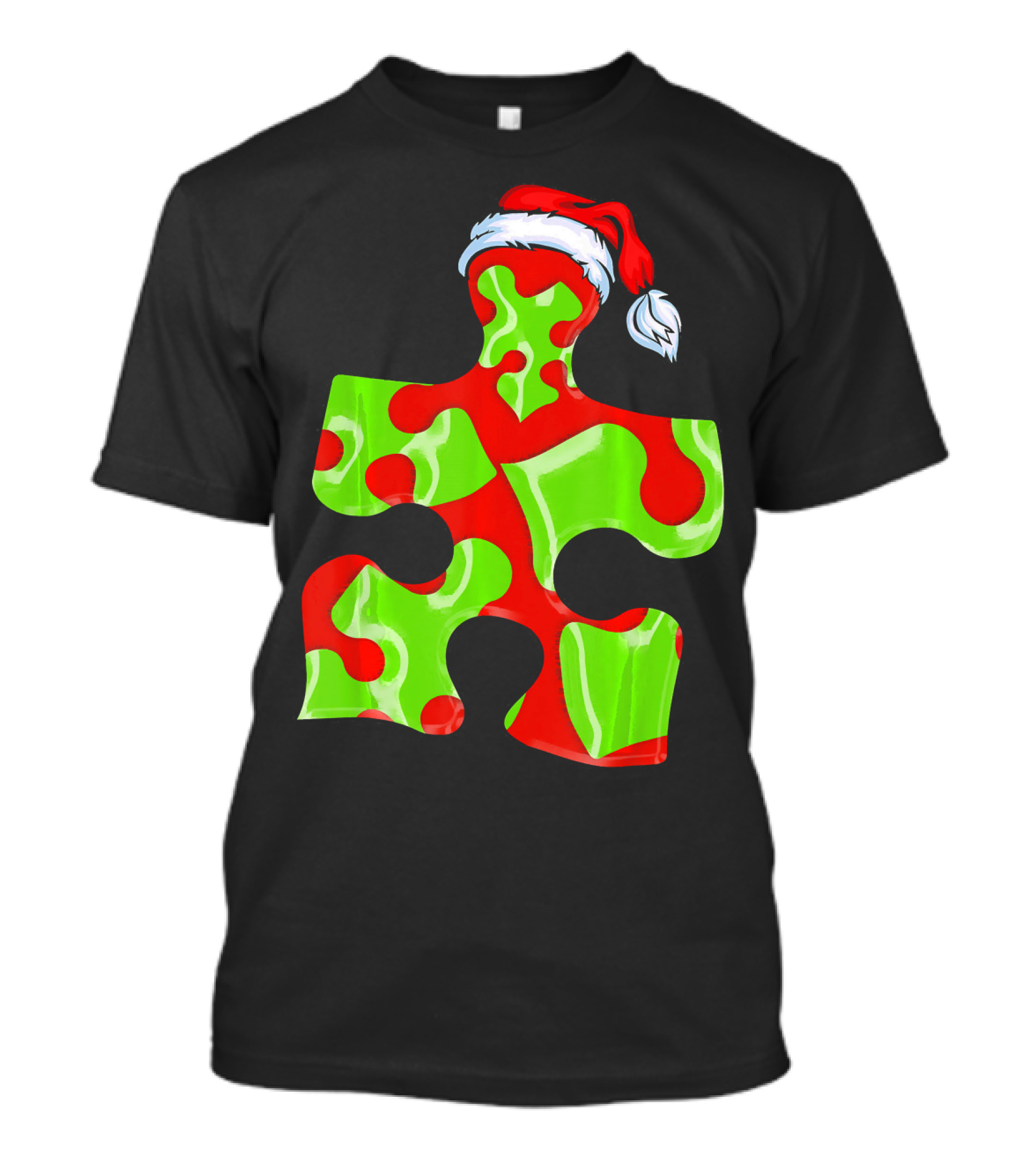 Puzzle Piece Santa Hat Red Green Autism Awareness T-Shirt