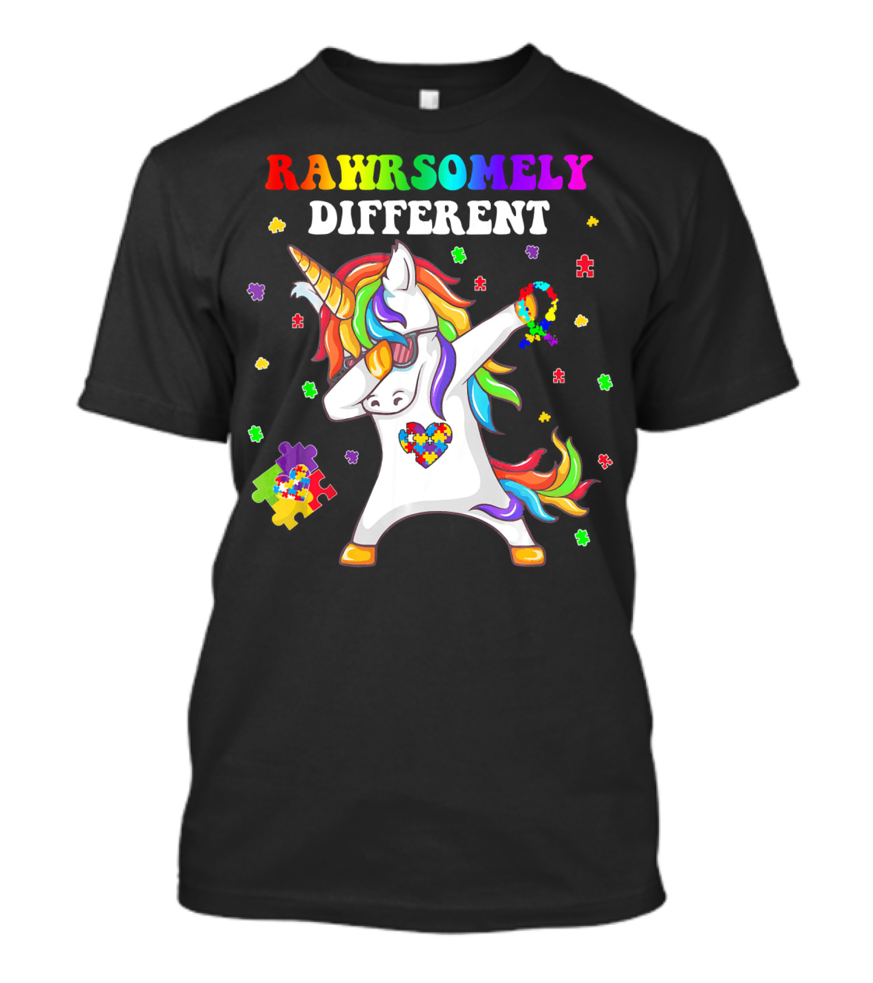 Rawrsomely Different Unicorn Autism Awareness Puzzle Pieces Dabbing T-Shirt