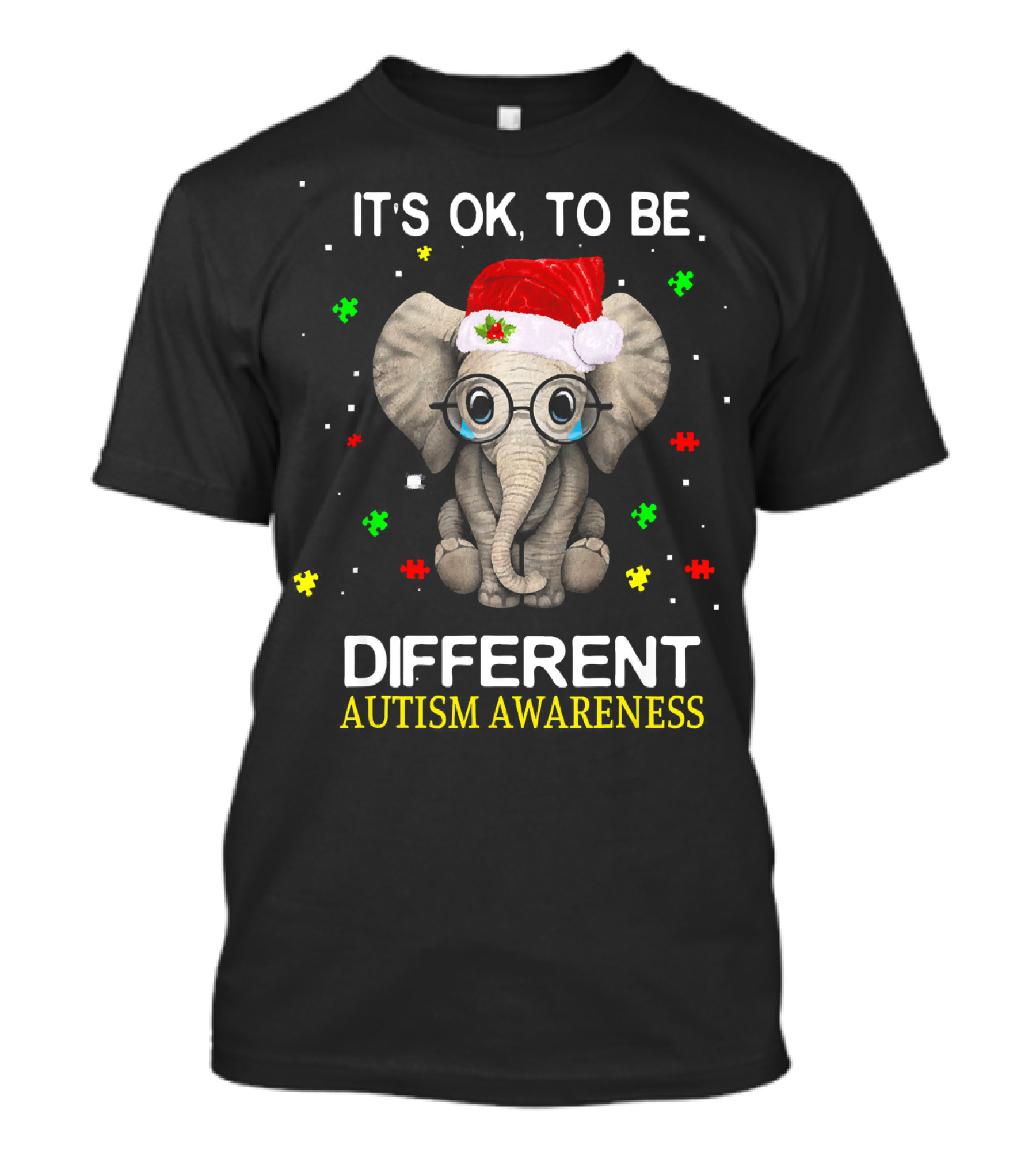 ITS OK TO BE DIFFERENT ELEPHANT AUTISM AWARENESS SANTA HAT PUZZLE PIECES T-Shirt