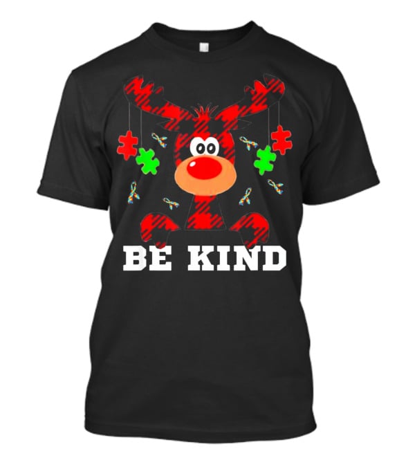 Be Kind Autism Awareness Christmas Reindeer Puzzle Pieces T-Shirt