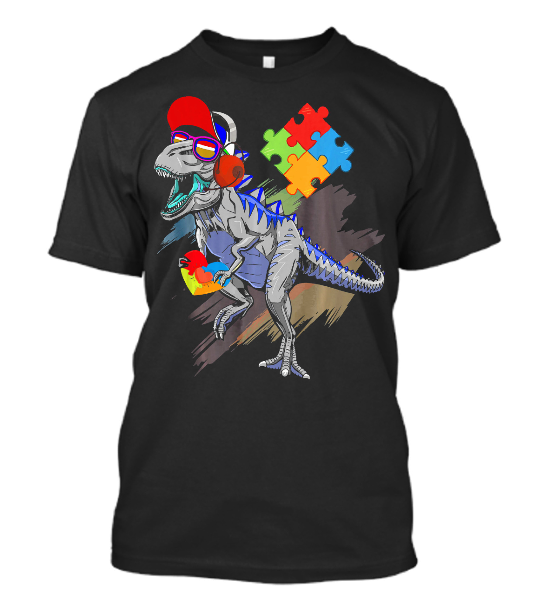 Dinosaur Puzzle Piece Glasses Funny Autism Awareness T-Shirt