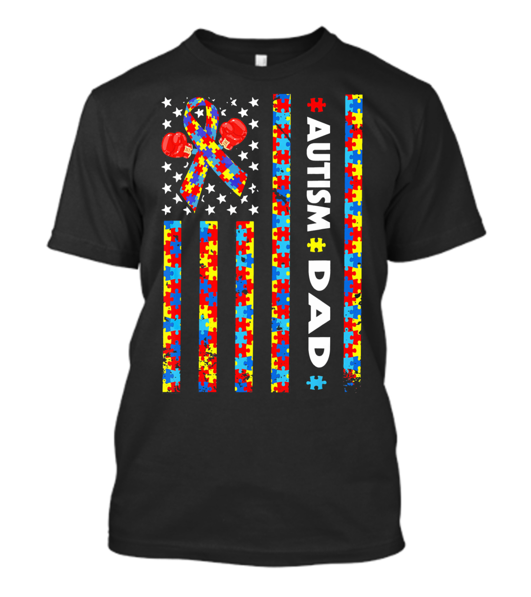 Autism Dad American Flag Puzzle Piece Ribbon Boxing Gloves Awareness T-Shirt