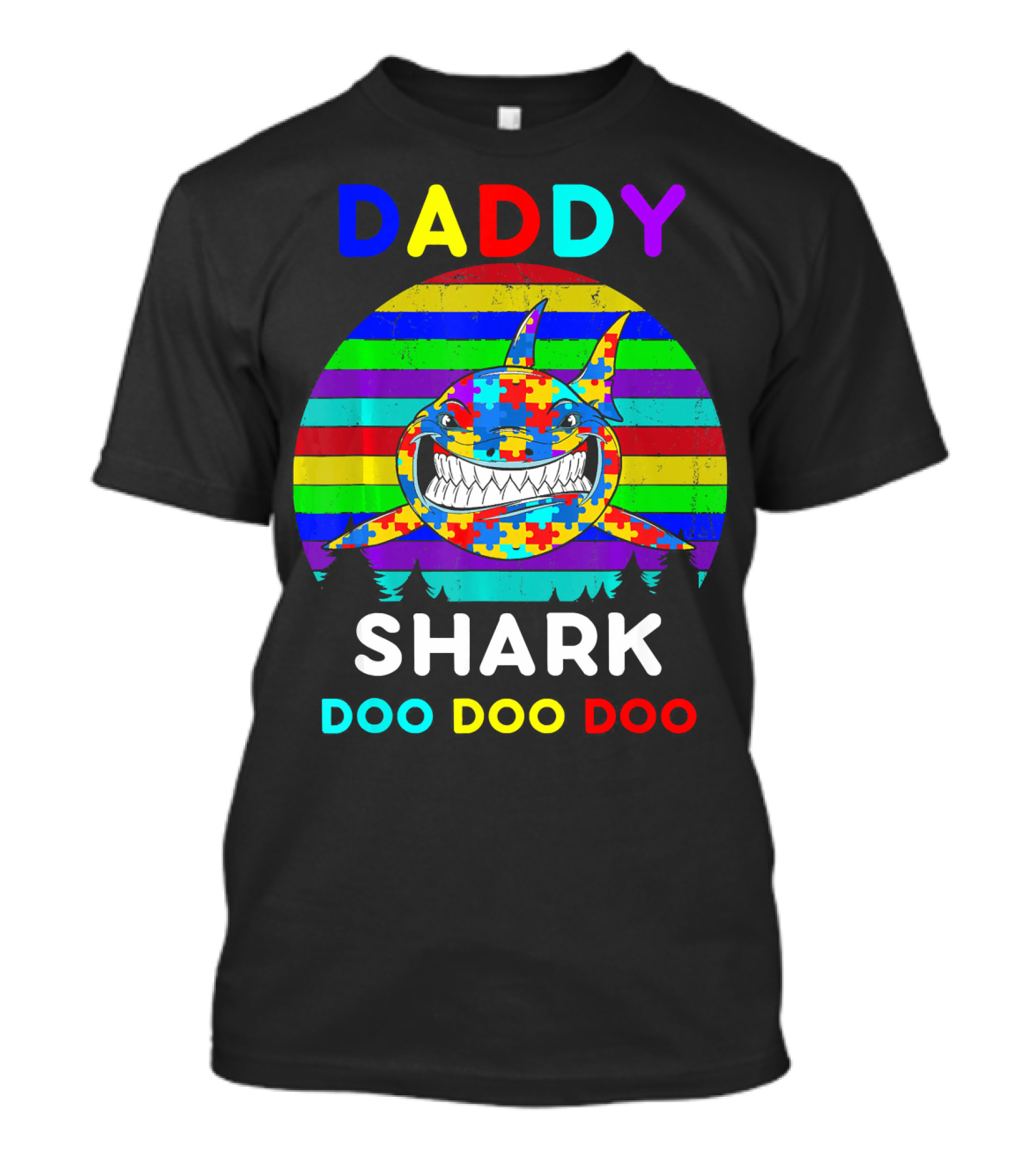 Daddy Shark Doo Doo Autism Awareness Colorful Puzzle Stripes T-Shirt