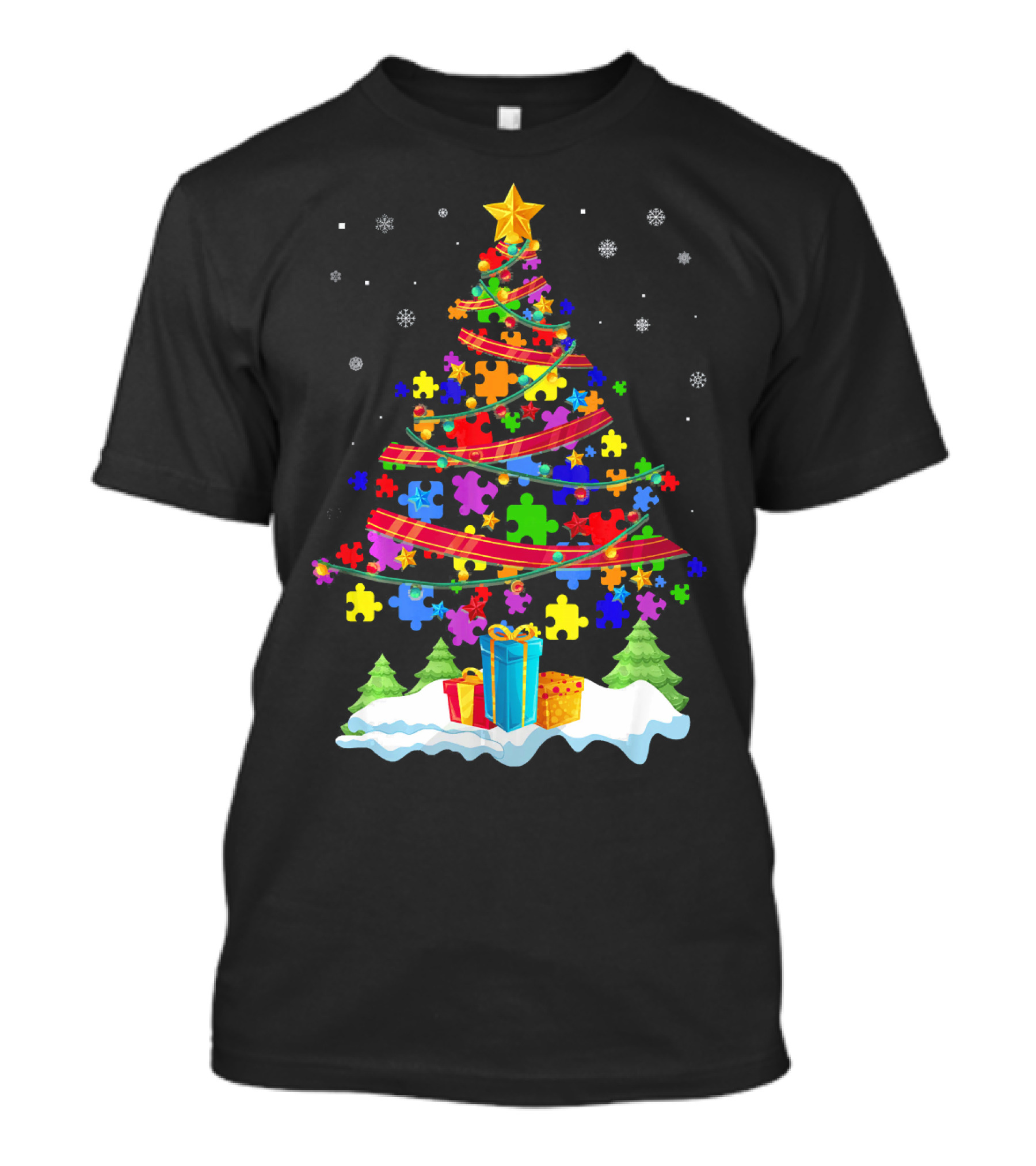 Autism Christmas Tree Puzzle Pieces And Gifts Festive T-Shirt