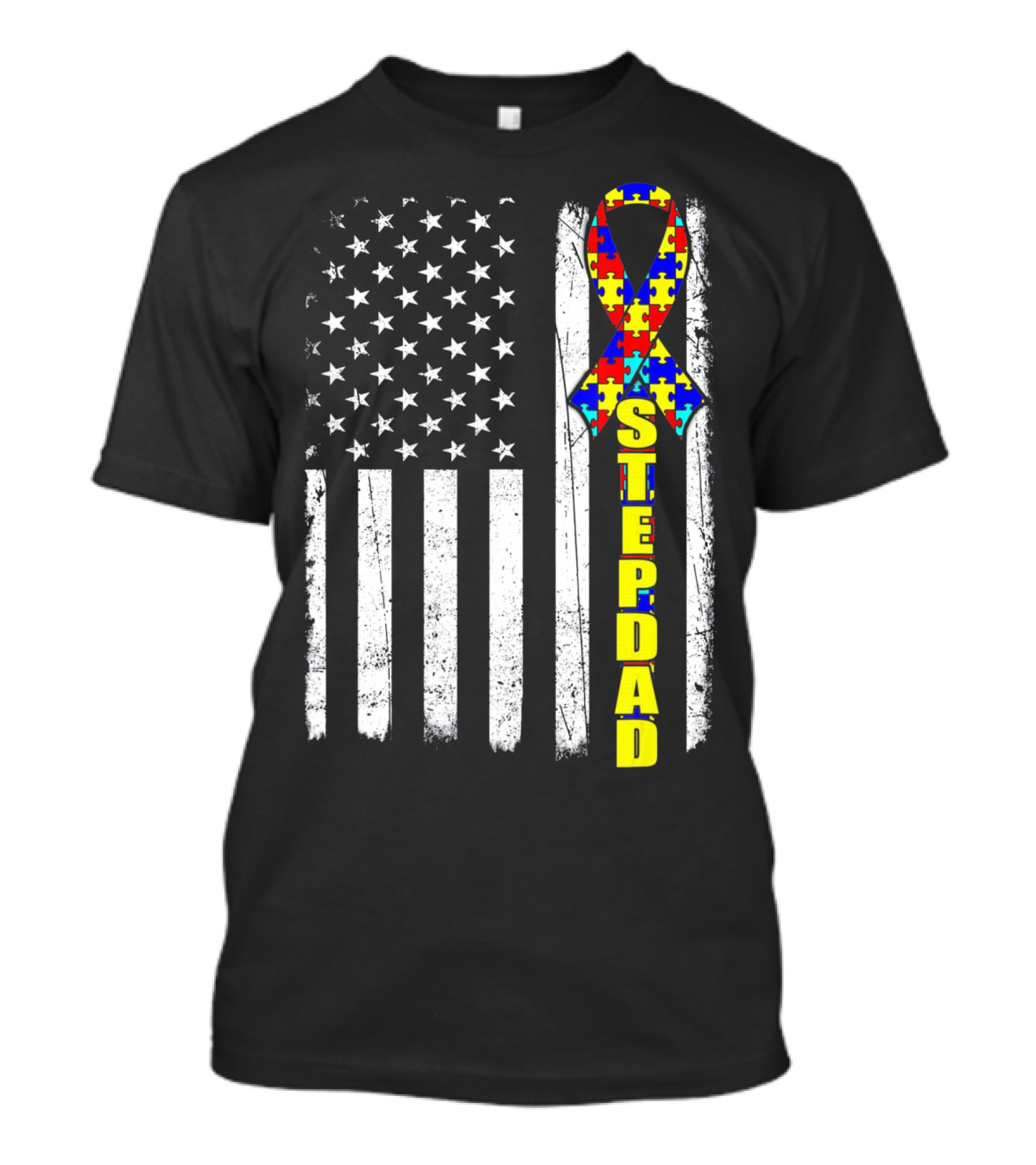 Stepdad Autism Awareness Puzzle Ribbon American Flag T-Shirt