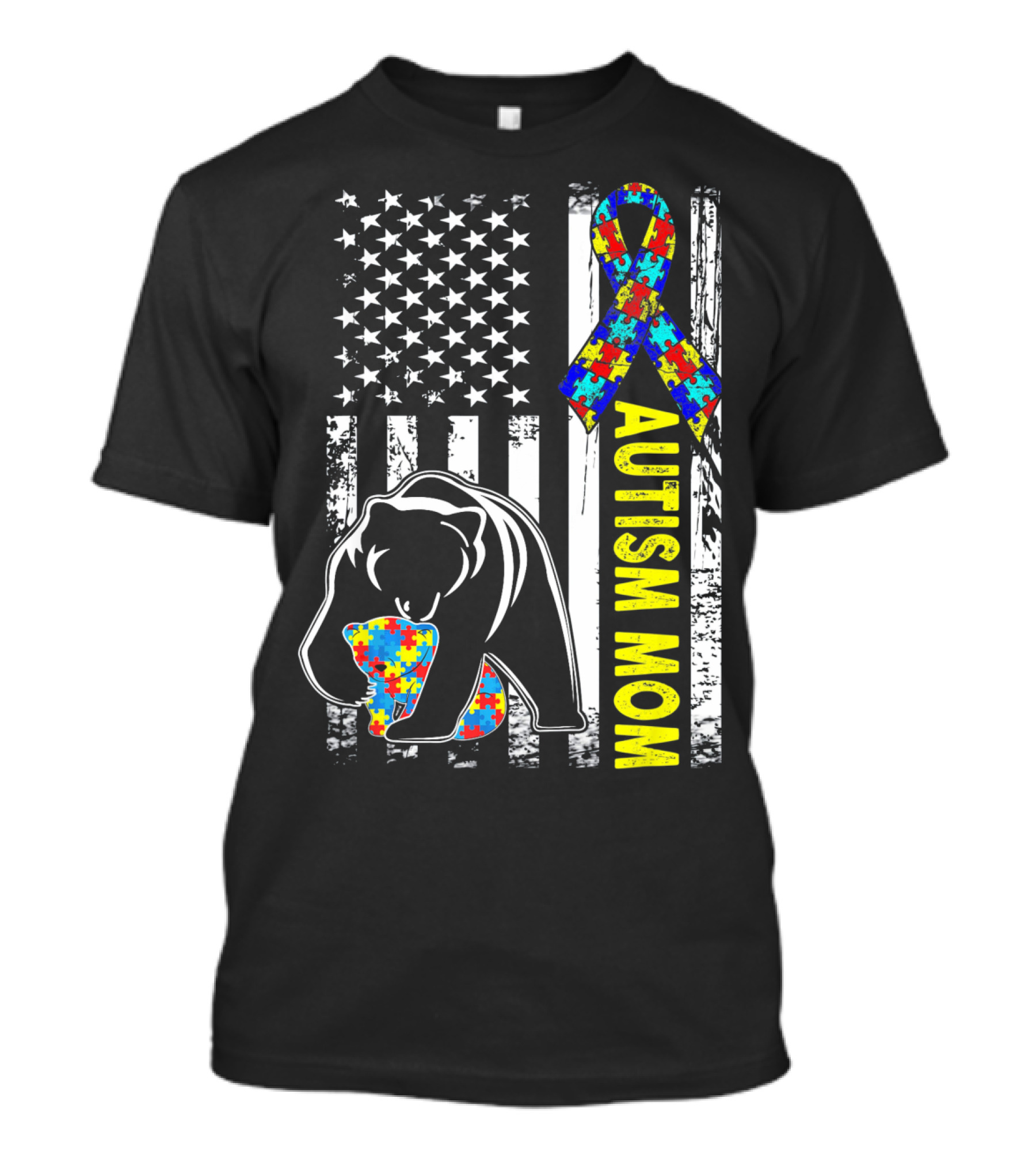 Autism Mom Bear With Puzzle Ribbon And American Flag T-Shirt