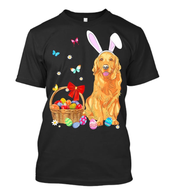 Golden Retriever Bunny Ears Easter Eggs Basket Butterflies T-Shirt