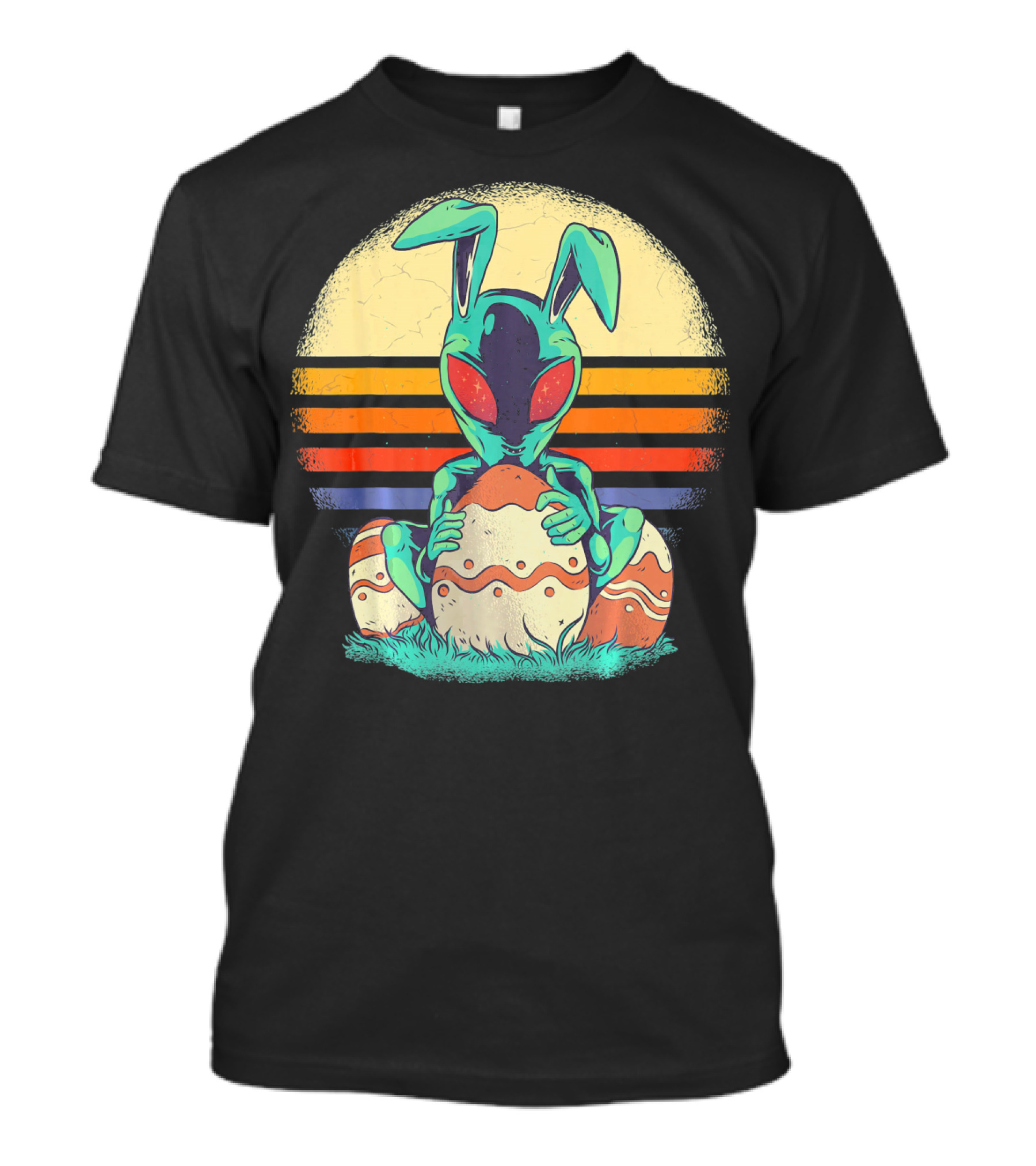 Easter Alien With Bunny Ears Holding Egg Sunset Stripes T-Shirt