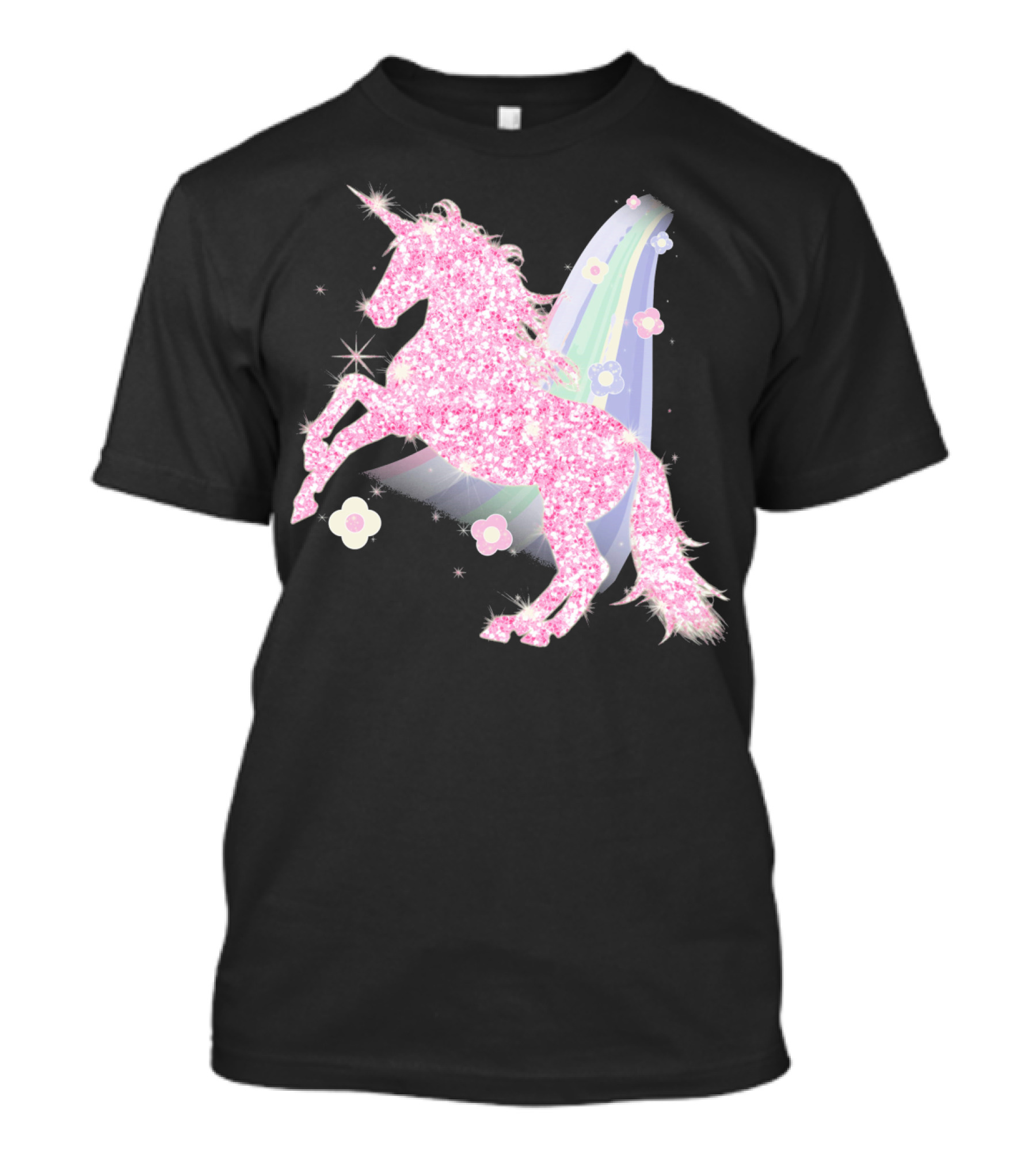 Pink Sparkle Unicorn With Easter Flowers And Rainbow Mane T-Shirt