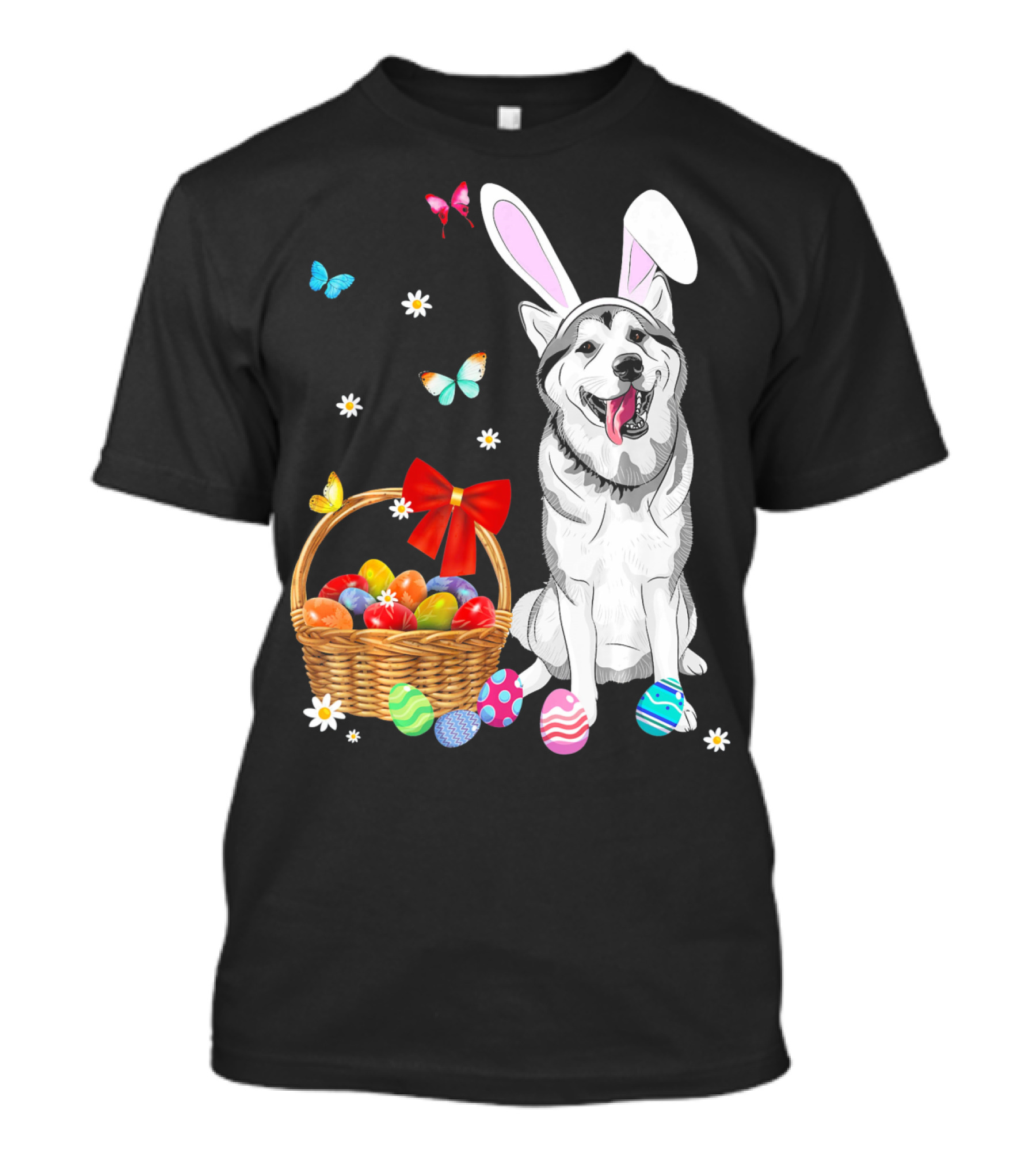 Siberian Husky Bunny Ears Easter Basket Eggs Butterflies T-Shirt