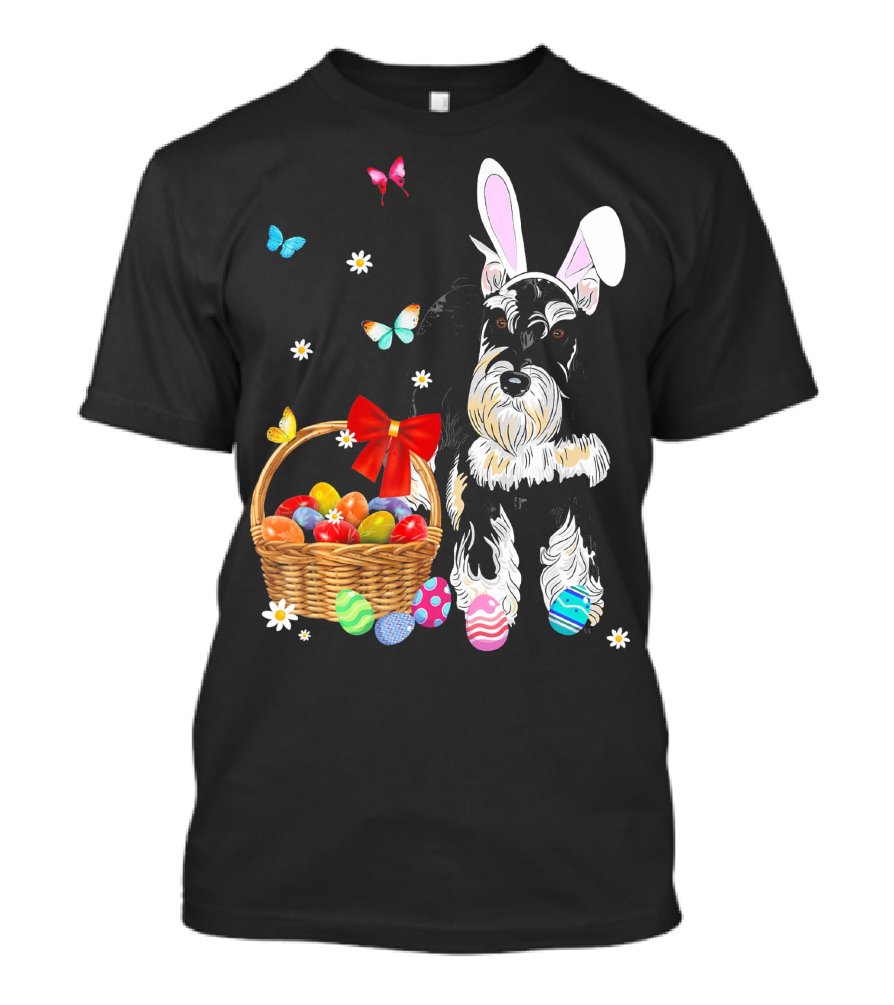 Miniature Schnauzer Bunny Ear With Easter Egg Basket And Butterflies T-Shirt