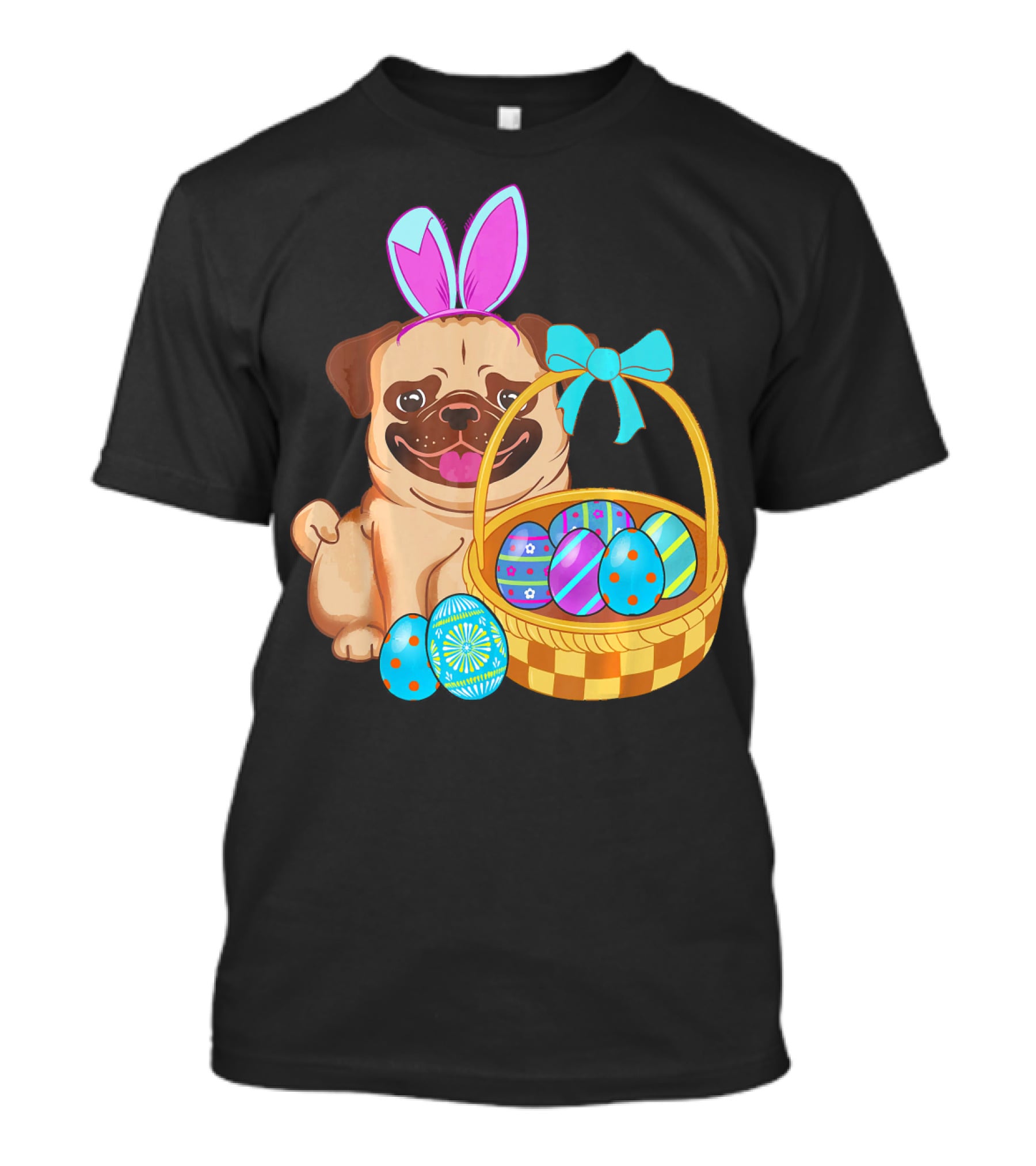 Pug Dog Easter Bunny Ears With Colorful Eggs Basket T-Shirt