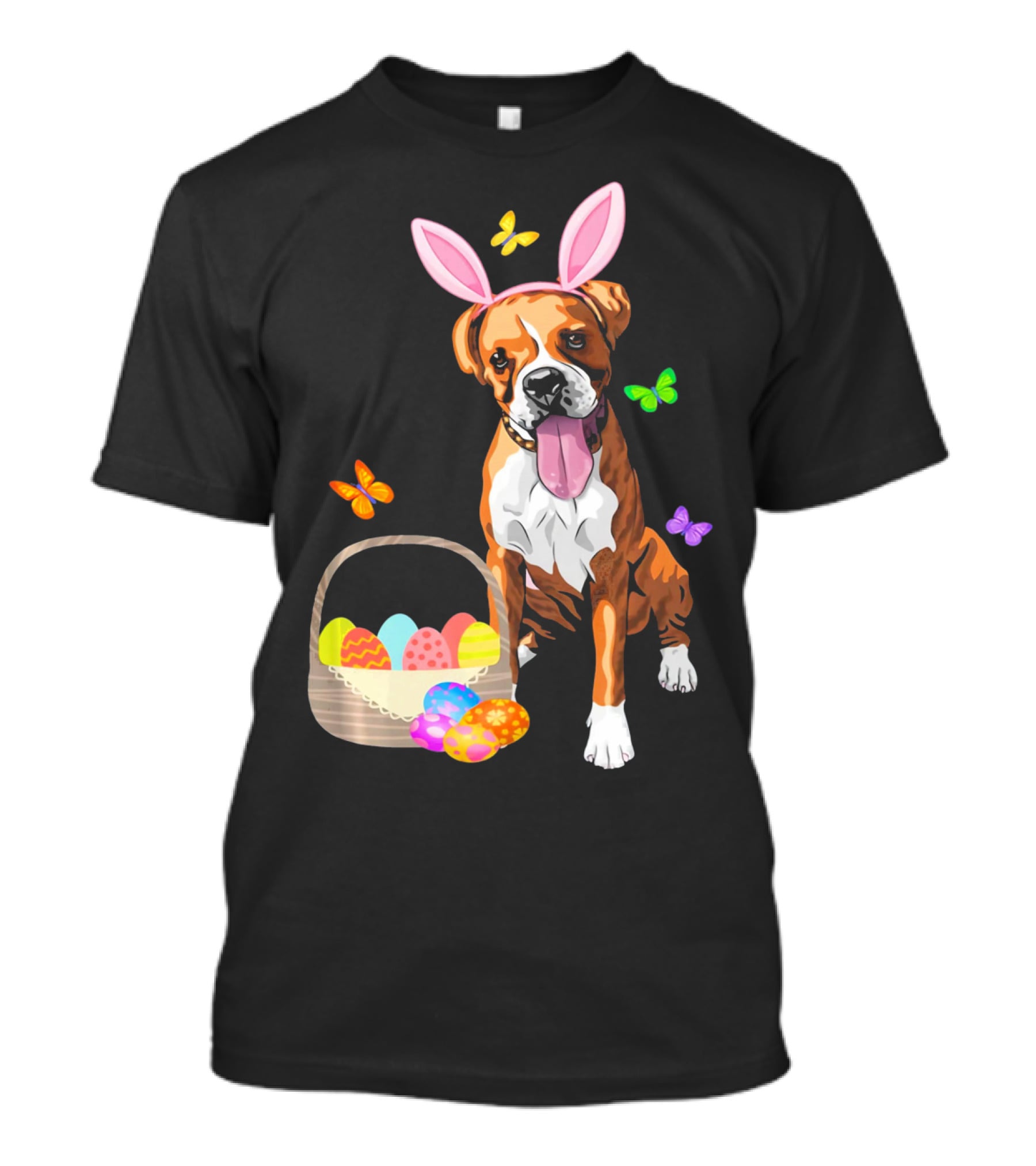 Girls Happy Easter Bunny Boxer Dog With Easter Eggs And Butterflies T-Shirt