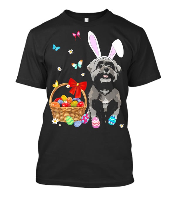 Shih Tzu With Bunny Ears And Easter Egg Basket With Butterflies And Flowers T-Shirt
