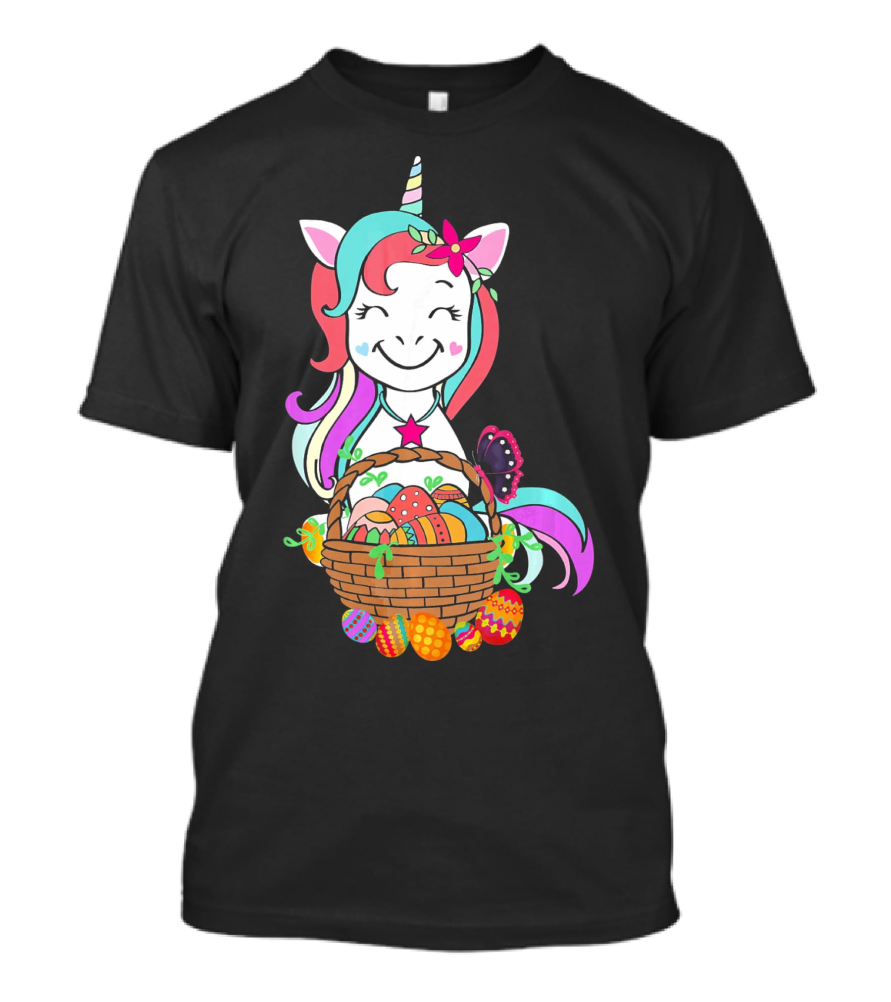 Unicorn Easter Basket With Colorful Eggs And Butterfly T-Shirt