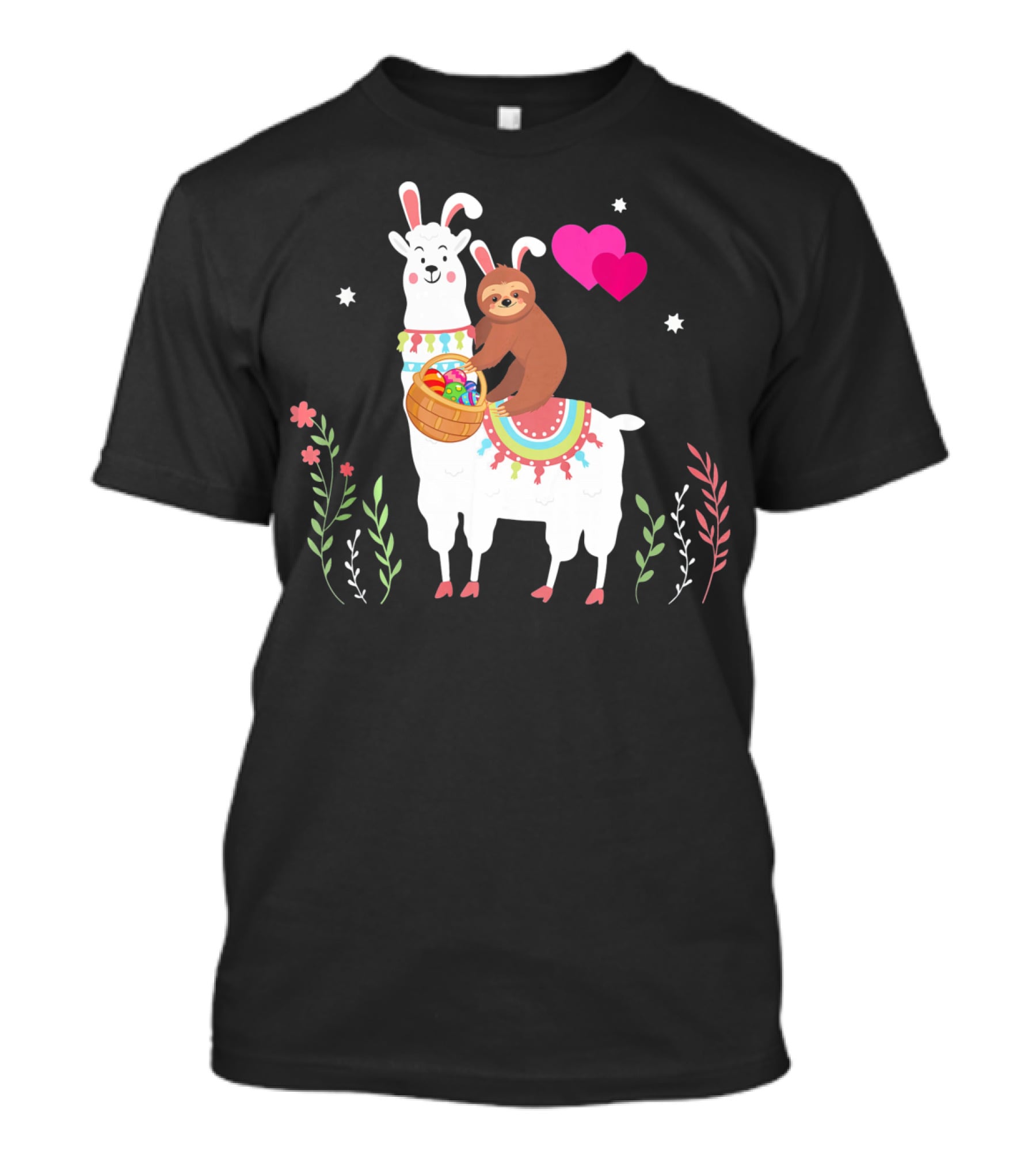 Sloth With Basket On Llama Wearing Easter Bunny Ears With Hearts And Flowers T-Shirt