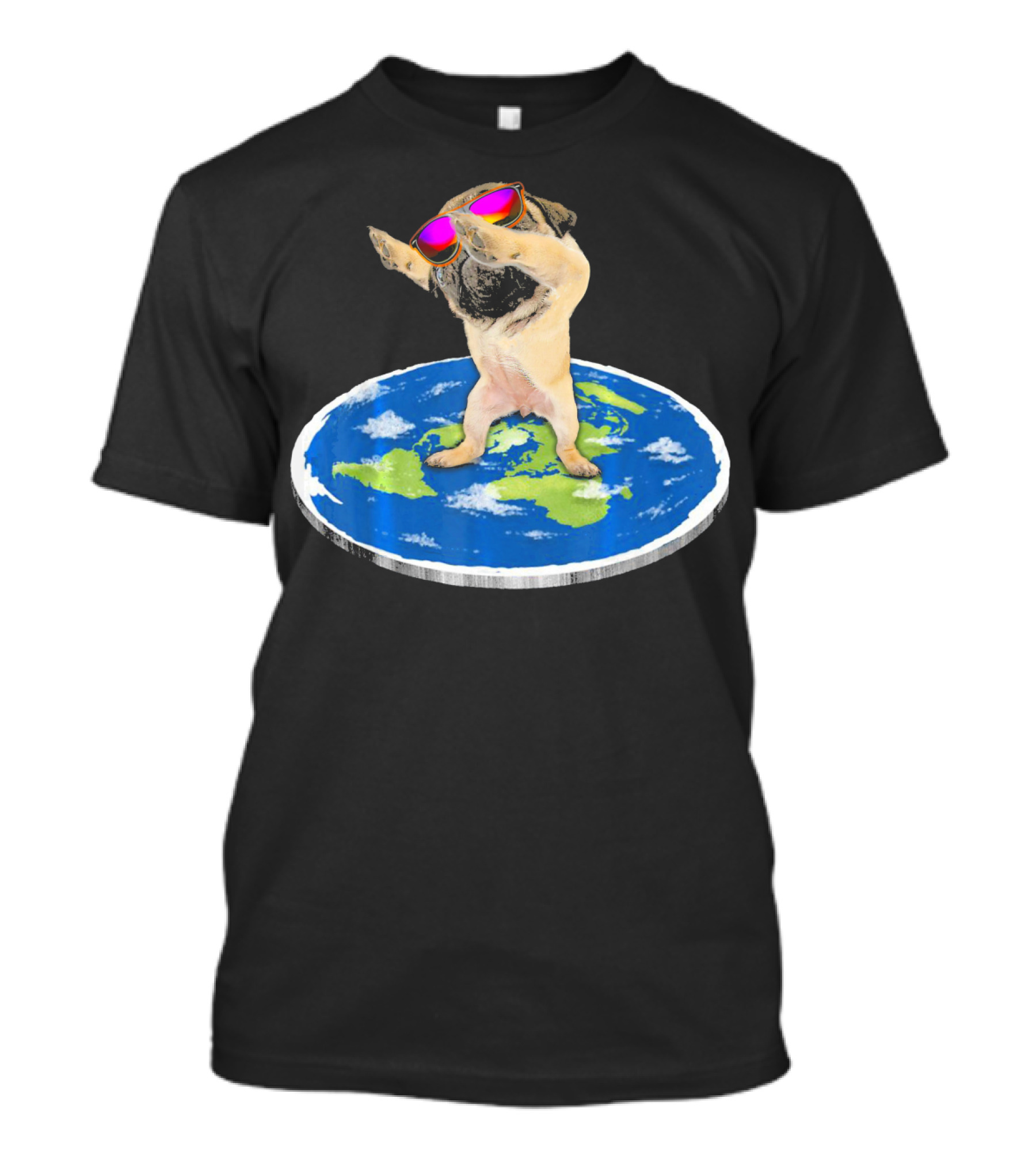 Flat Earth Pug Dabbing With Sunglasses On World Map T-Shirt