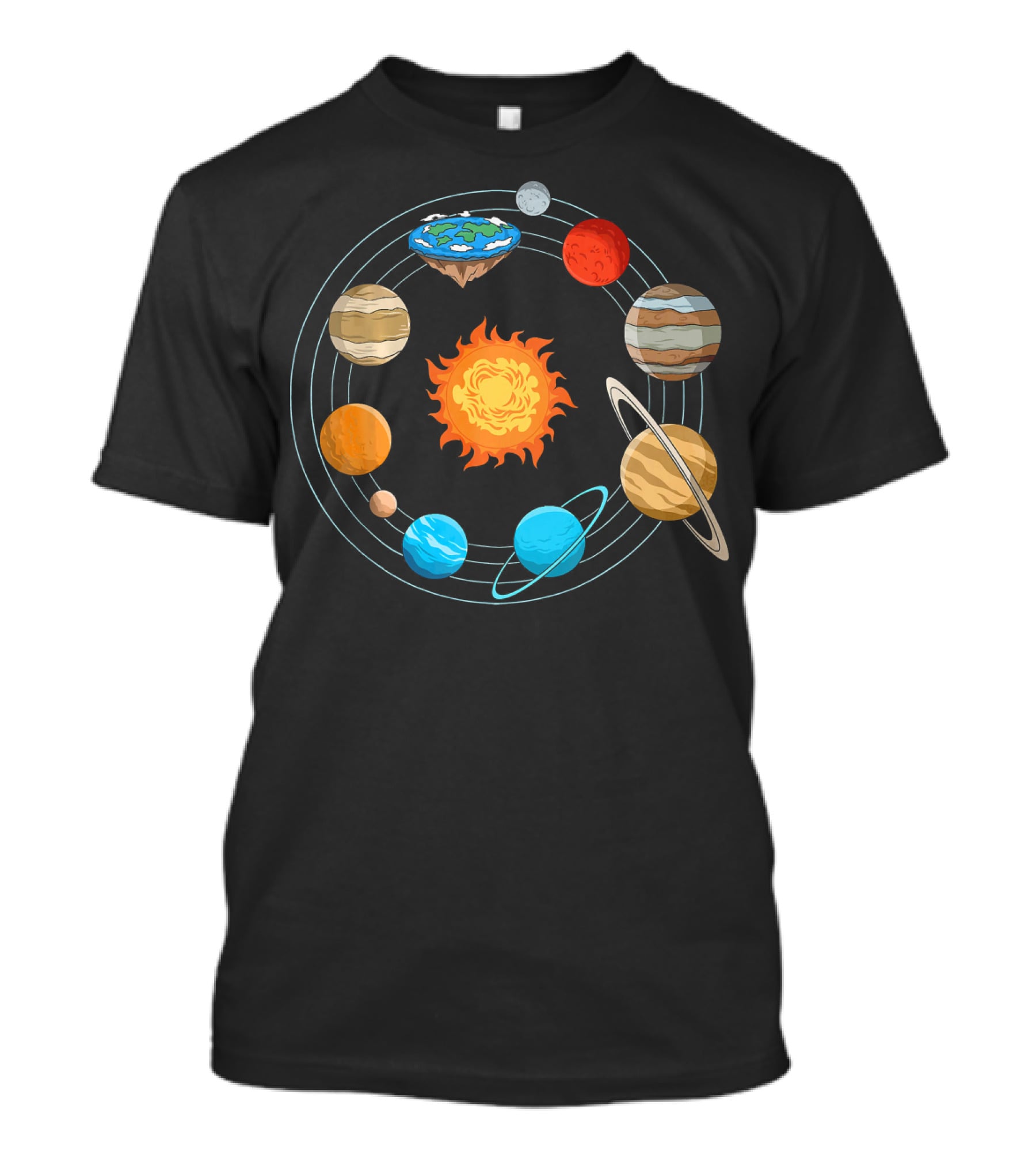 Flat Earth Joke Flat Earthers Solar System With Planets Orbiting Earth As A Disk T-Shirt