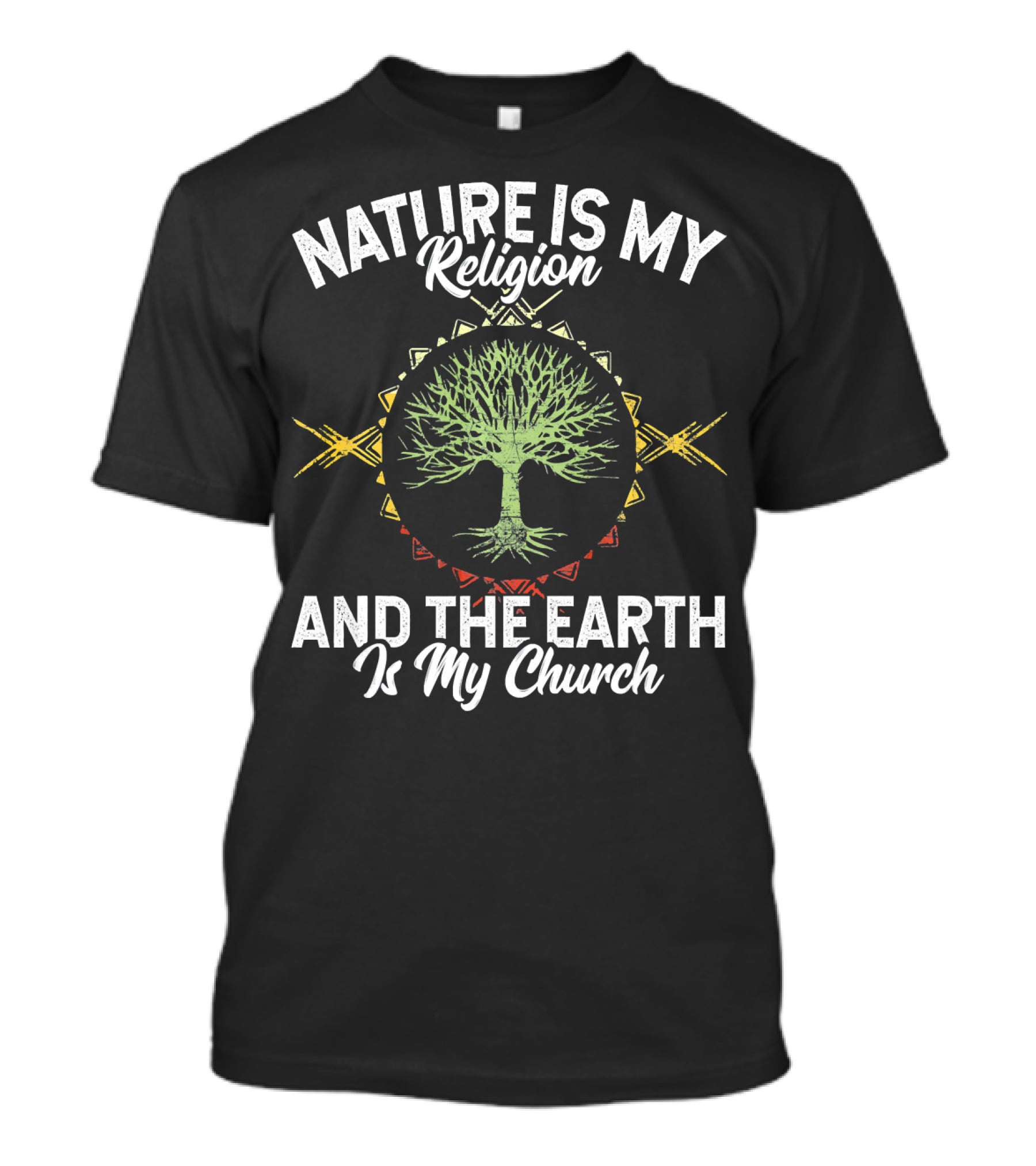Nature Is My Religion And The Earth Is My Church Tree Silhouette On Mandala T-Shirt