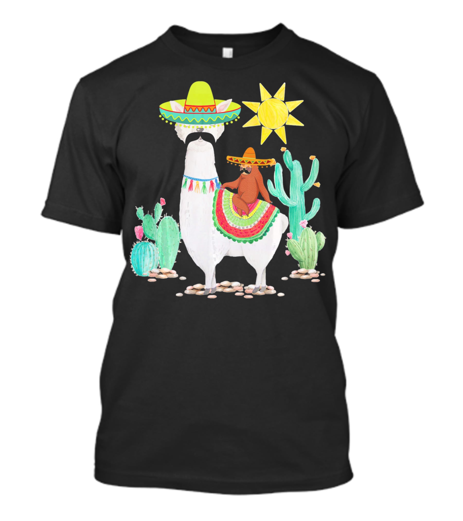 Funny Cinco De Mayo Sloth Riding Llama With Sombrero And Cactus Scene T-Shirt