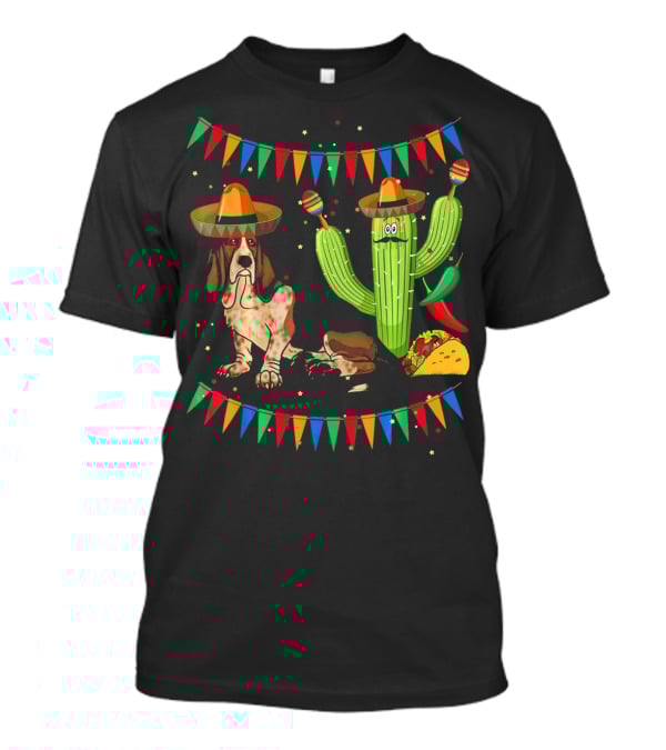 Sombrero Basset Hound Dog Mexico Cinco Cactus Taco Fiesta Decor T-Shirt