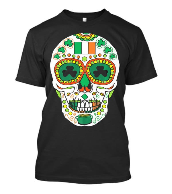 St Paddys Day Irish Flag Shamrock Sugar Skull Cinco De T-Shirt
