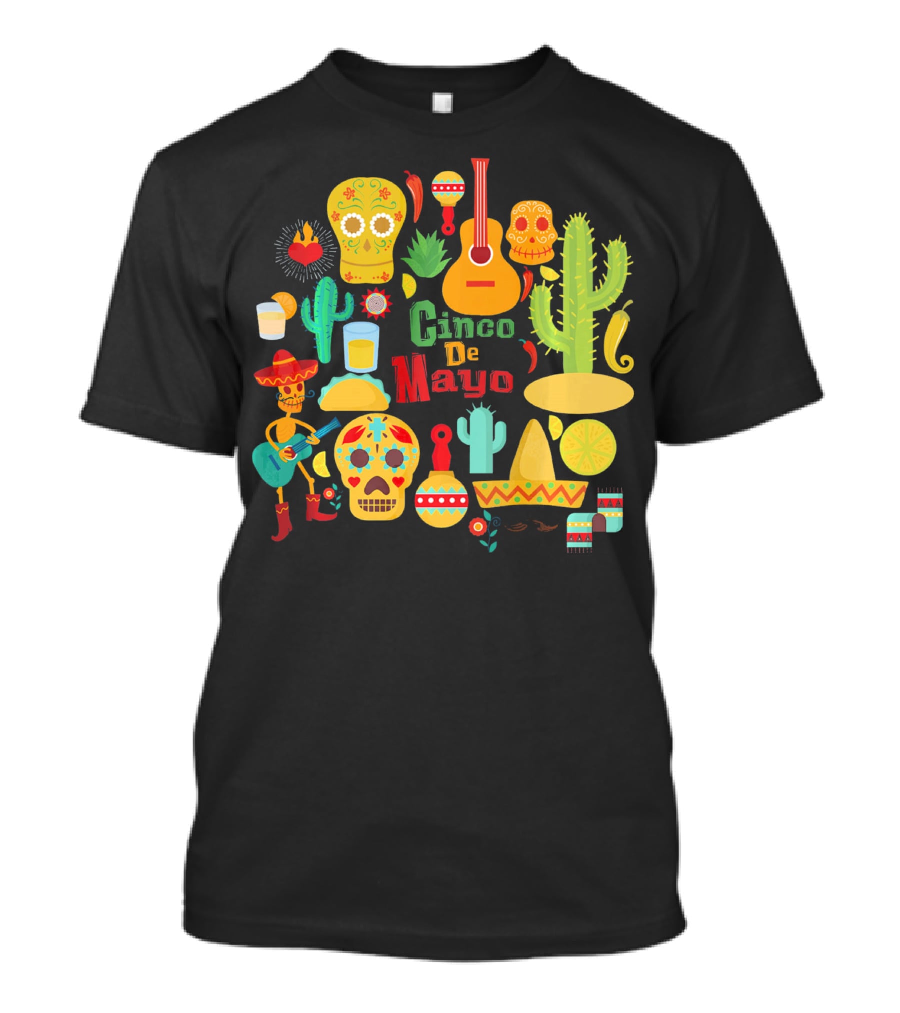 Cinco De Mayo Cactus Skull Sombrero Guitar Festivity T-Shirt