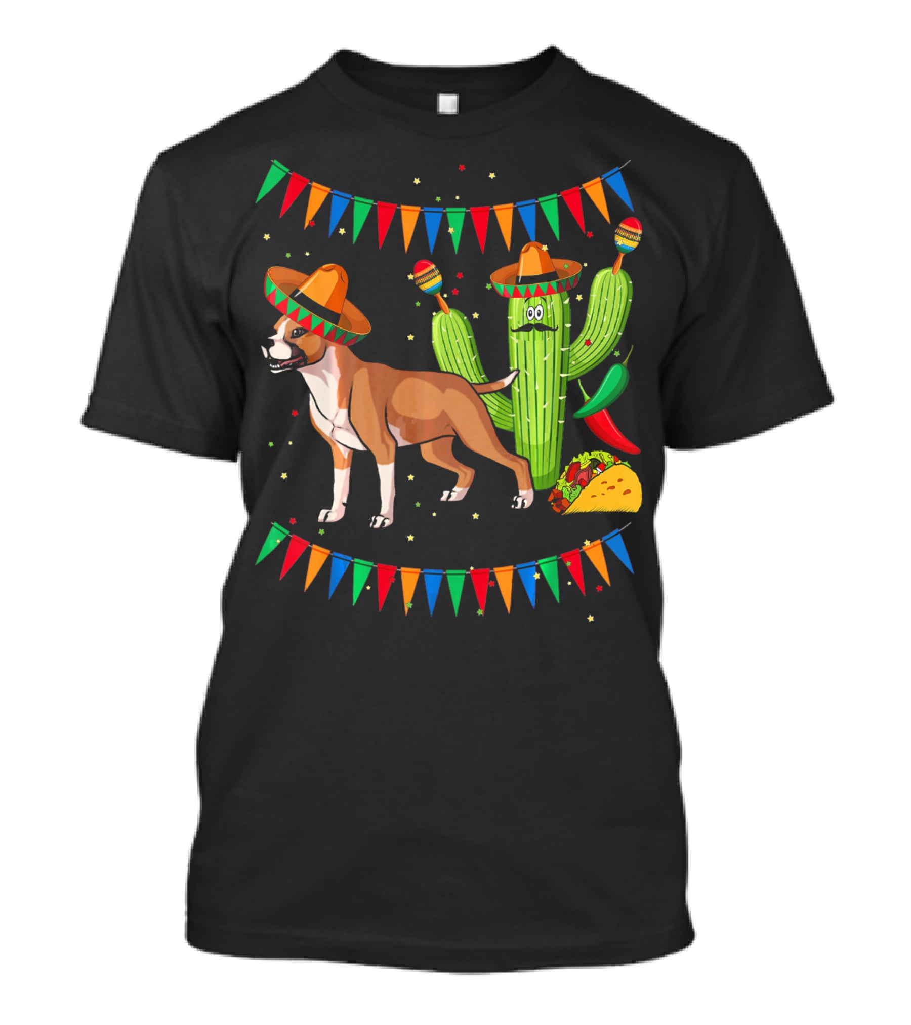Cinco Sombrero Staffordshire Terrier Dog With Festive Cactus And Taco T-Shirt