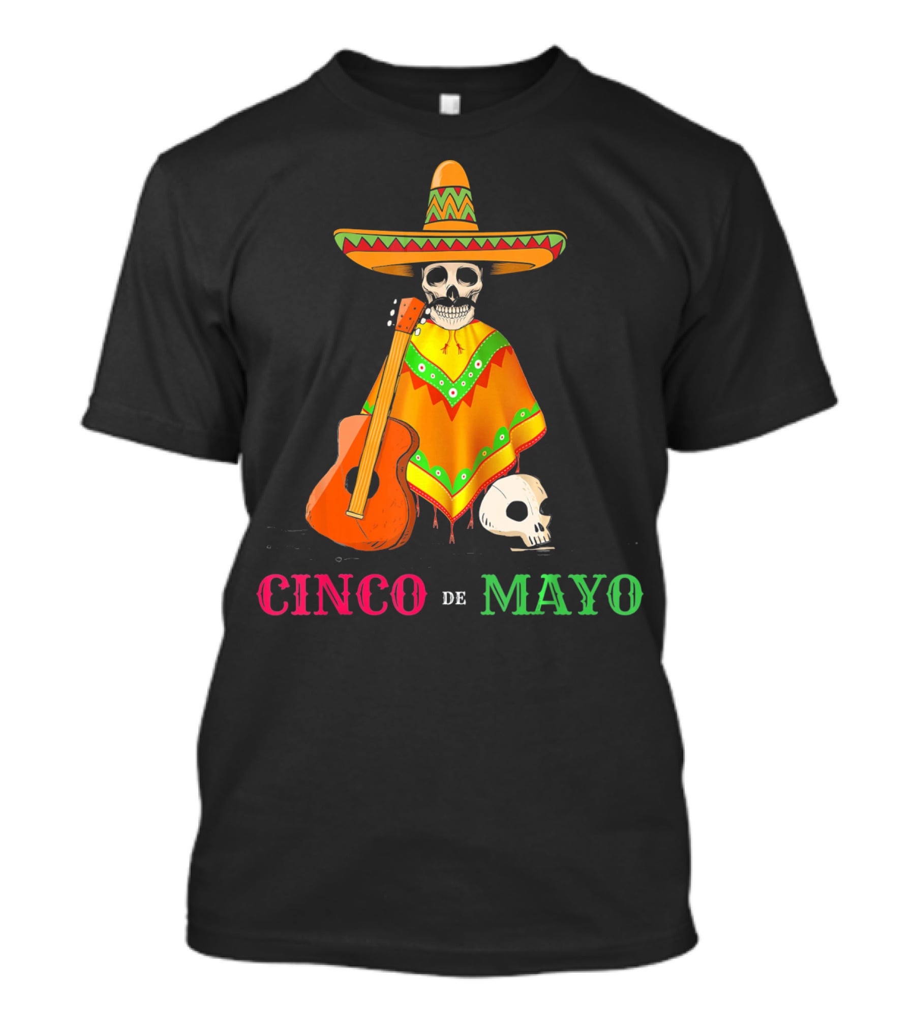 Cinco De Mayo Sombrero Skull Poncho Guitar T-Shirt