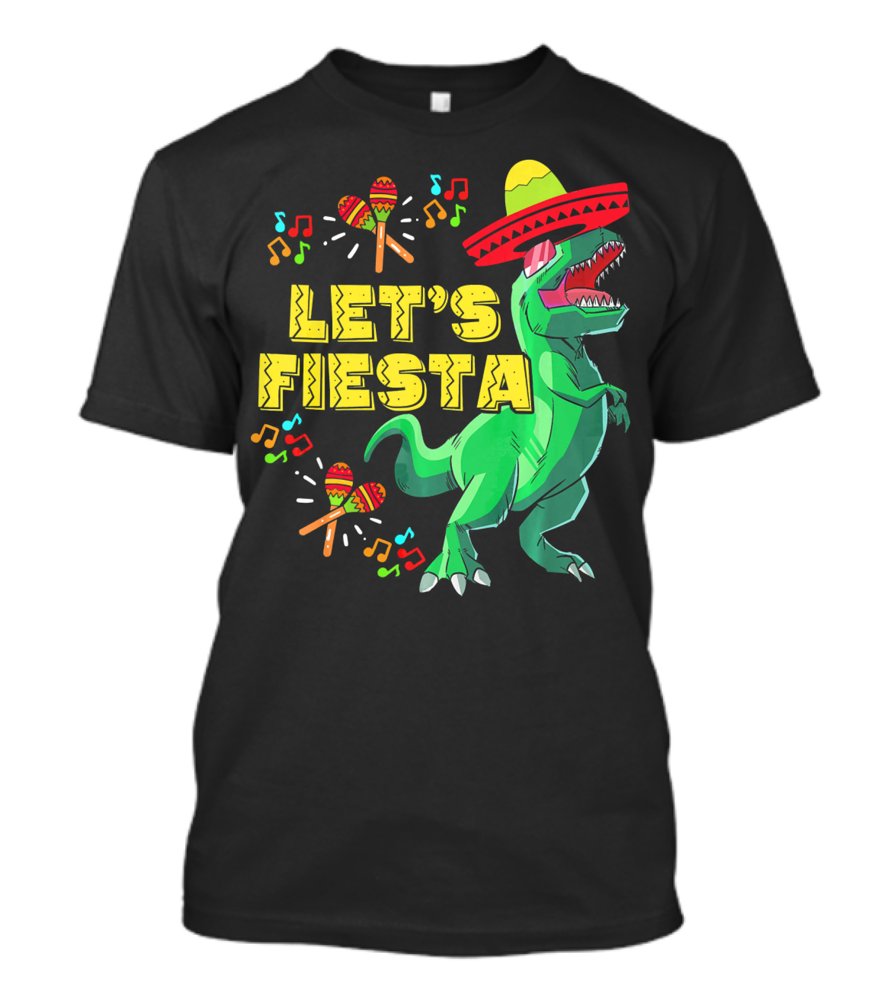Let's Fiesta Cinco De Mayo Dino Sombrero Maracas Music Notes T-Shirt