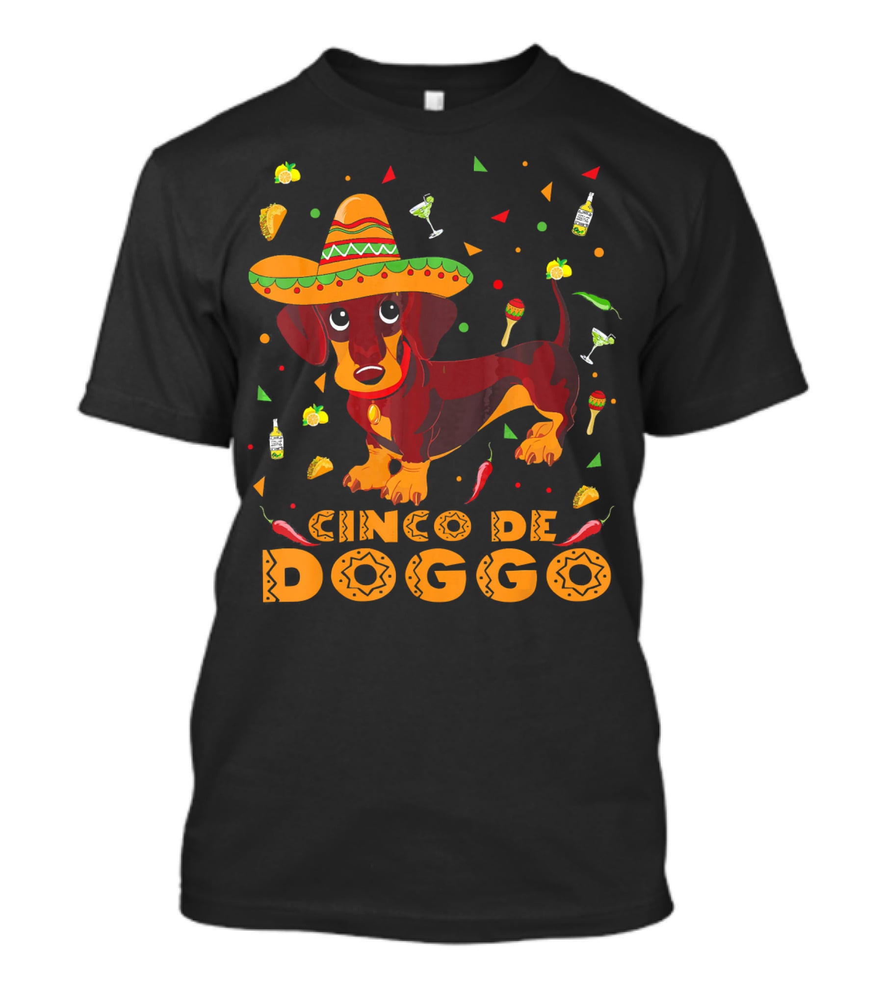 Cinco De Doggo Dachshund Sombrero Chili Peppers Margarita Fiesta Theme Mexican Cinco T-Shirt