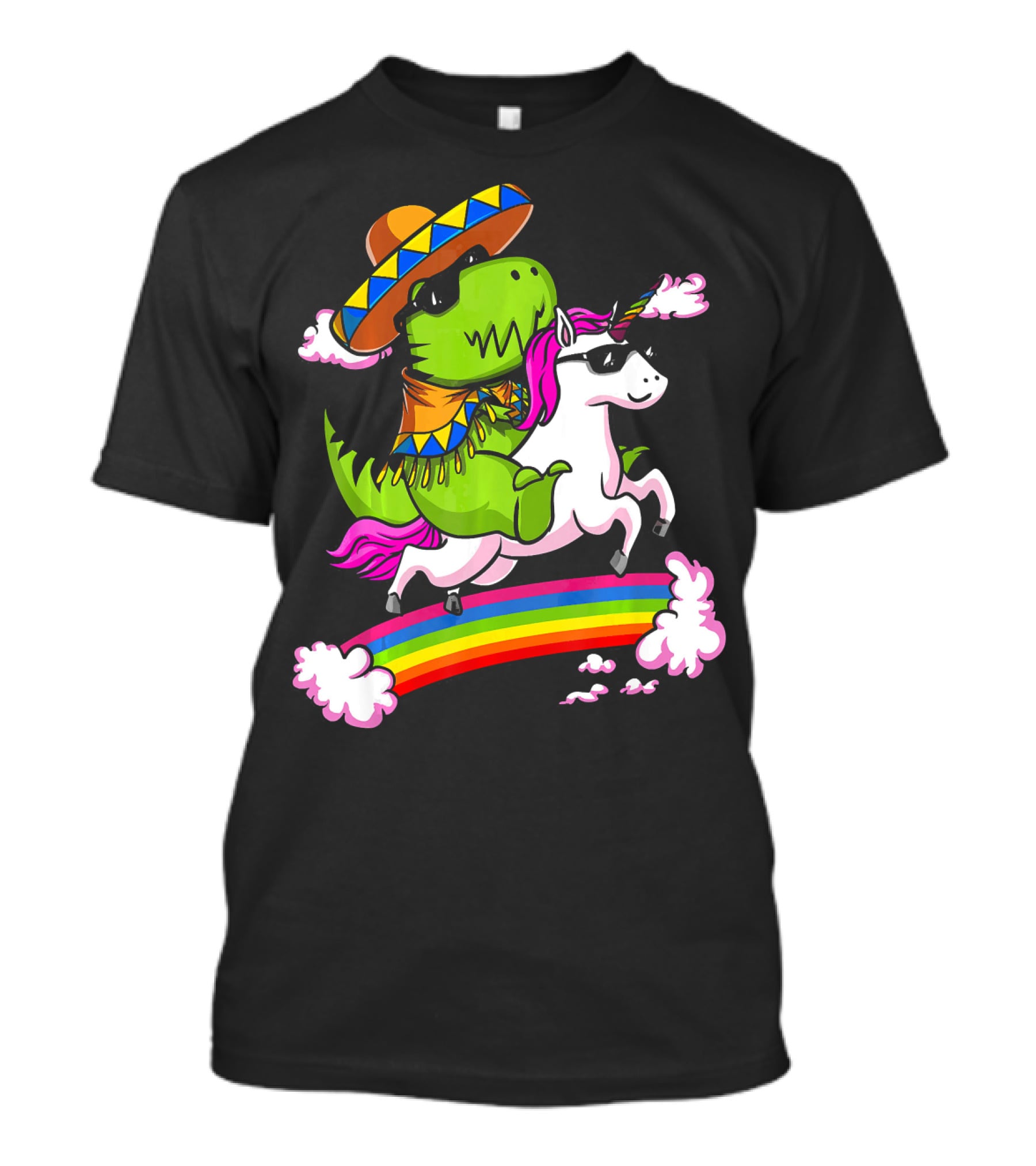 T Rex Dinosaur Riding Unicorn Cinco De Mayo Rainbow Sombrero Sunglasses T-Shirt