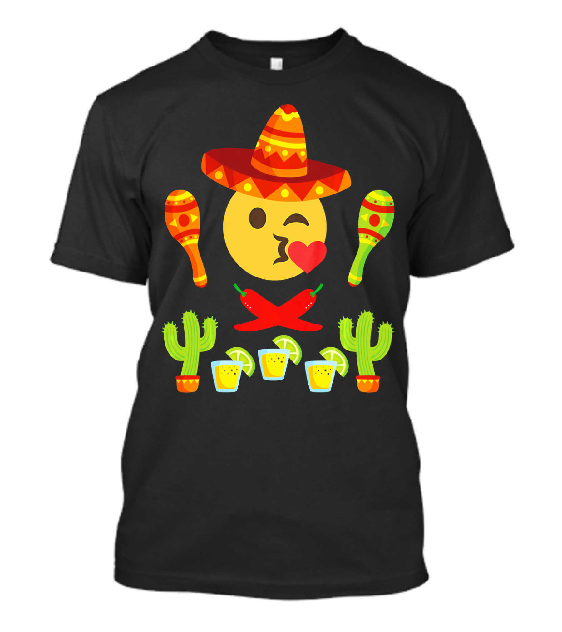 Kiss Emoji Cinco De Mayo Sombrero Maracas Cactus Peppers Margaritas T-Shirt