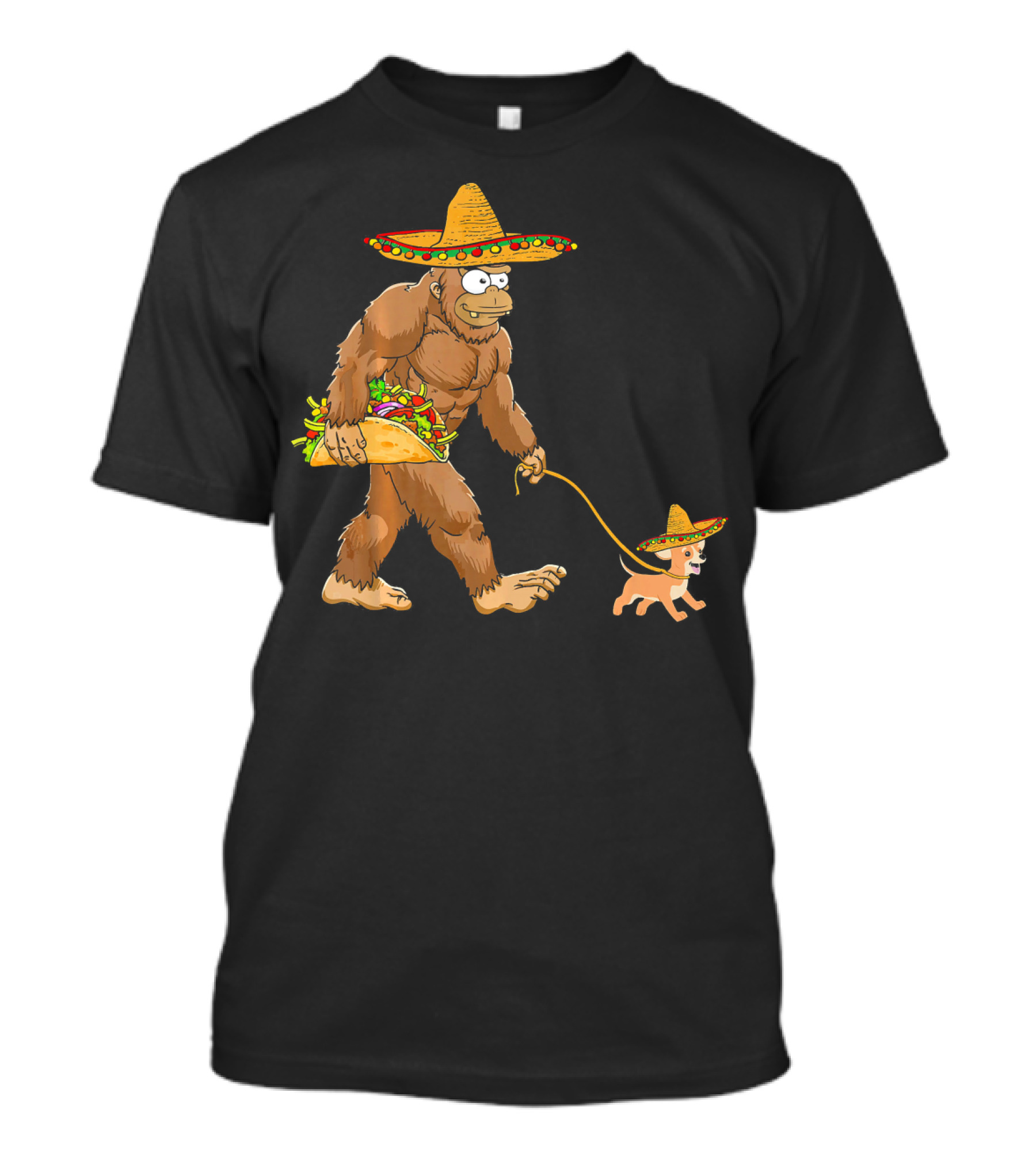 Bigfoot Taco Sombrero Chihuahua Dog Walking Cinco De Mayo T-Shirt