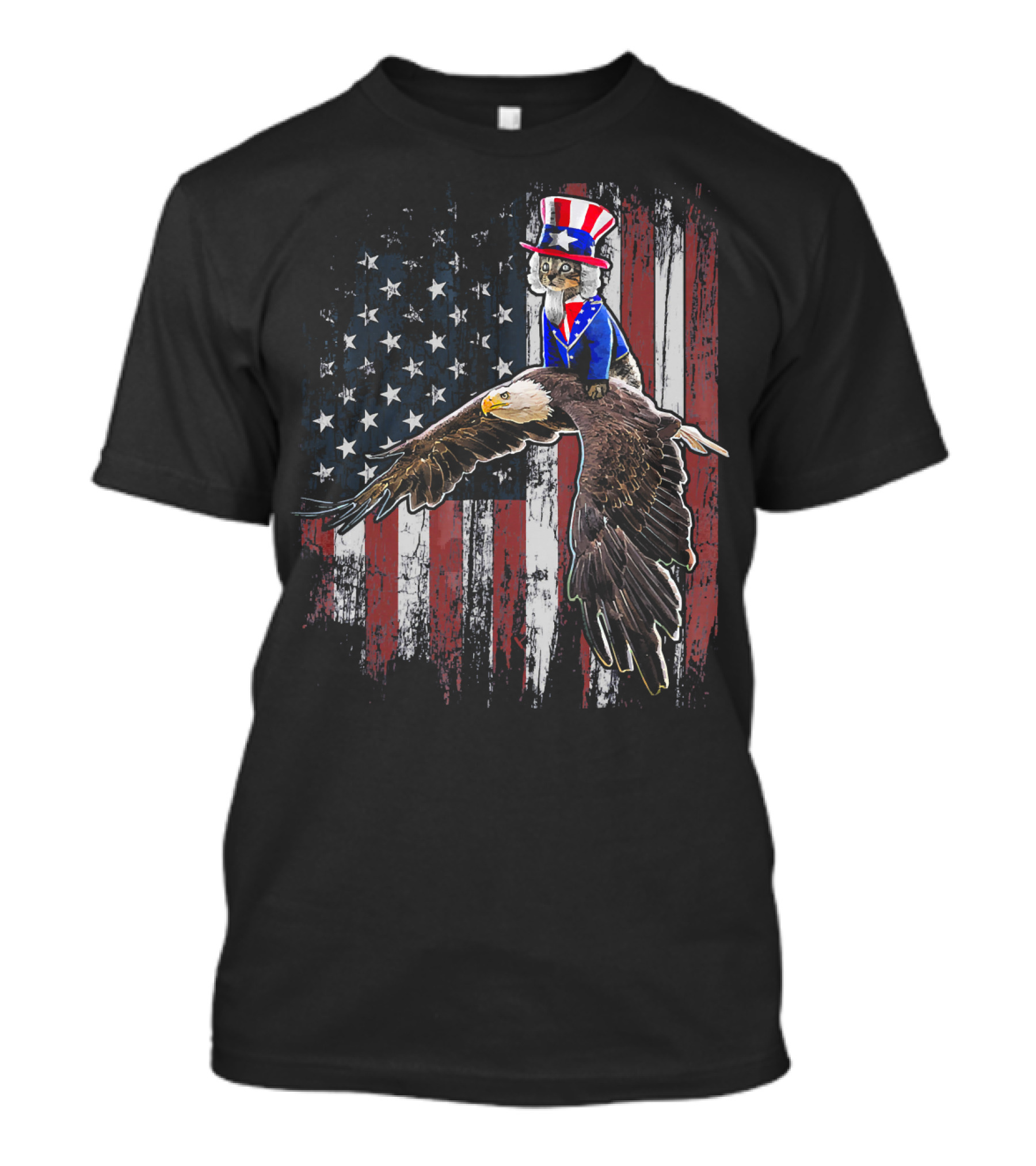 Uncle Sam Costume Cat Riding Bald Eagle On American Flag Background T-Shirt
